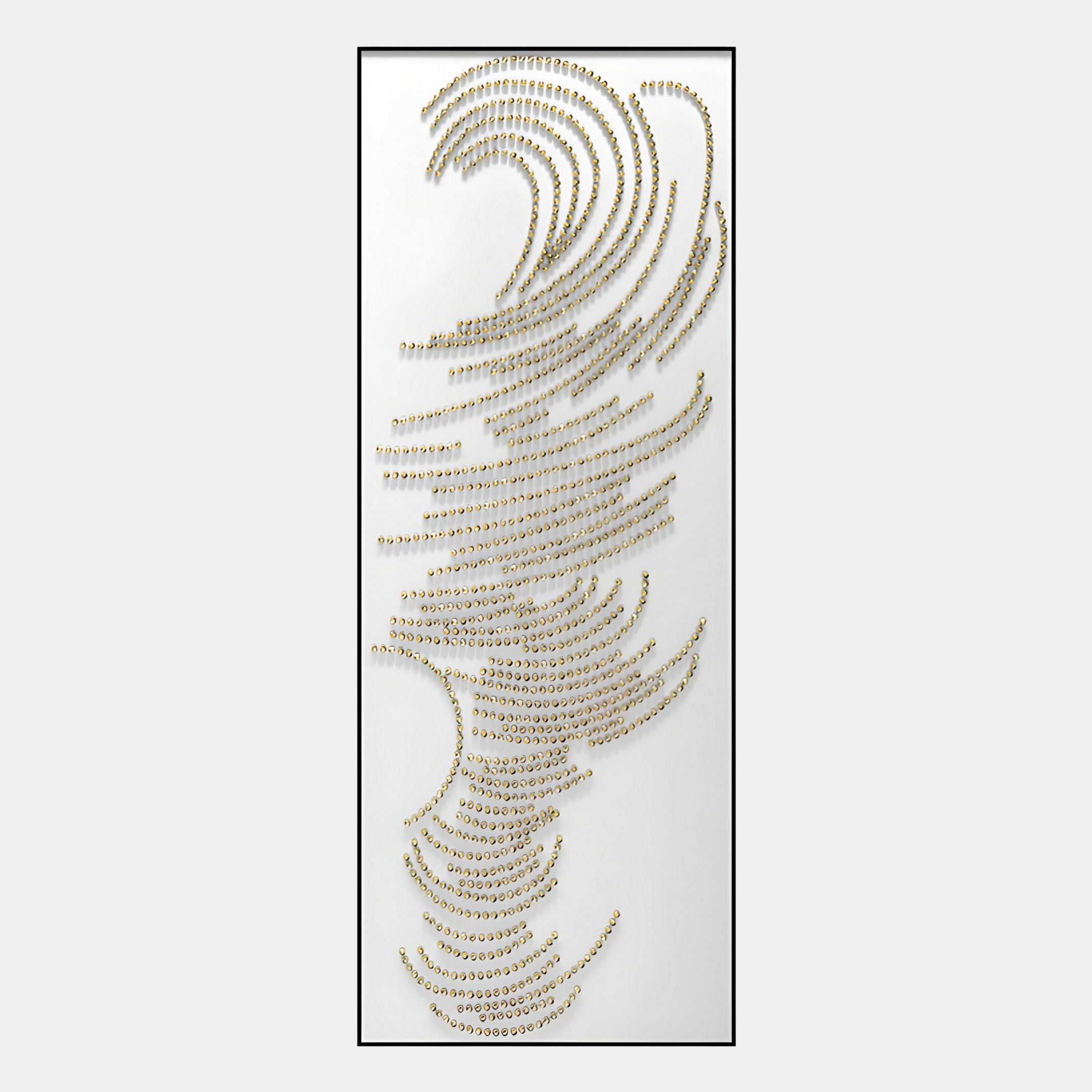 The Auravolta III Pearl Beads Swirl Pattern 3D Wall Art by Giant Sculptures features rows of gold circles and pearl beads in wave-like patterns on a white background, offering dynamic movement within a rectangular frame.