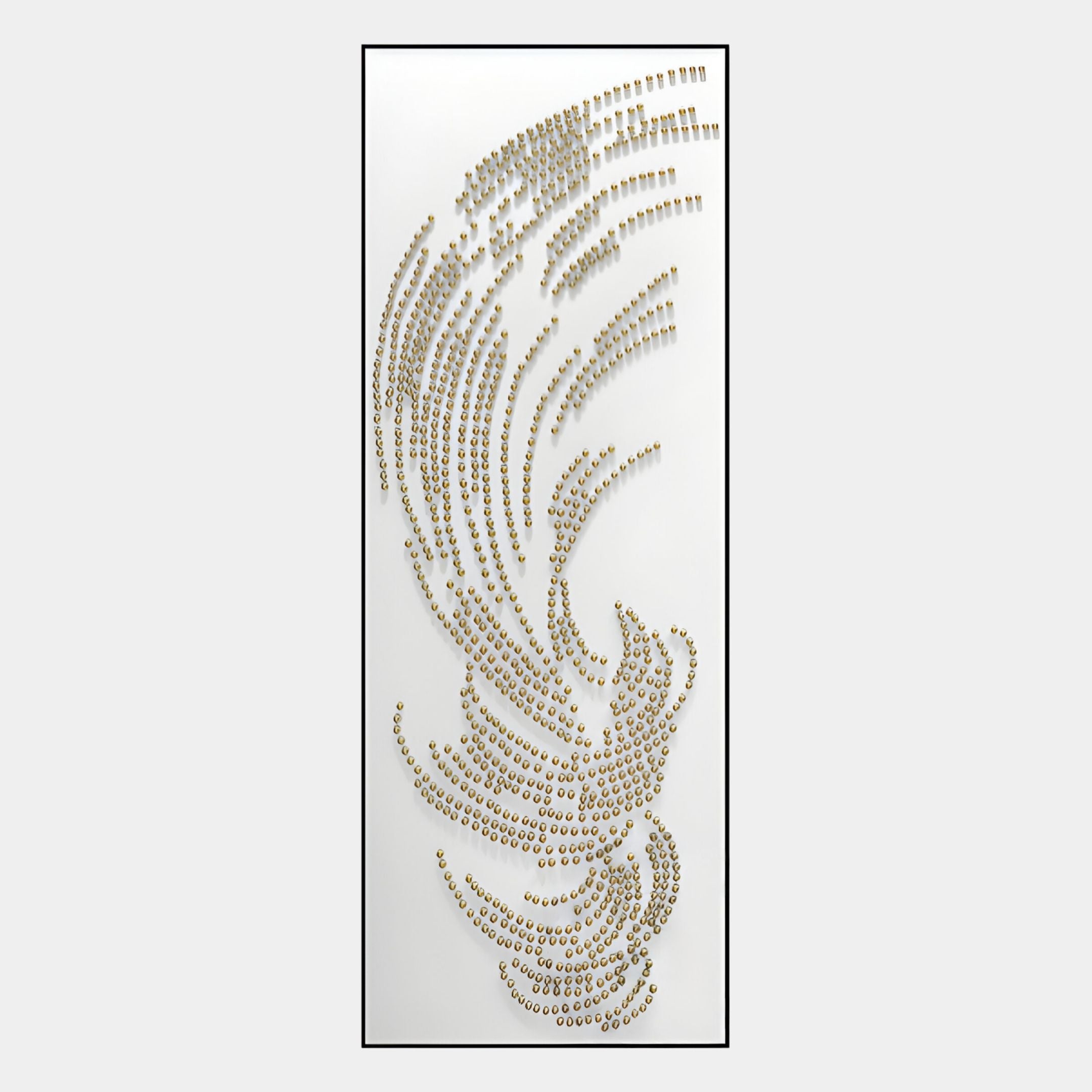 The Auravolta IV Pearl Beads Swirl Pattern 3D Wall Art by Giant Sculptures features small gold spheres in wave-like curves on a white rectangular background, creating a striking minimalist abstract design.