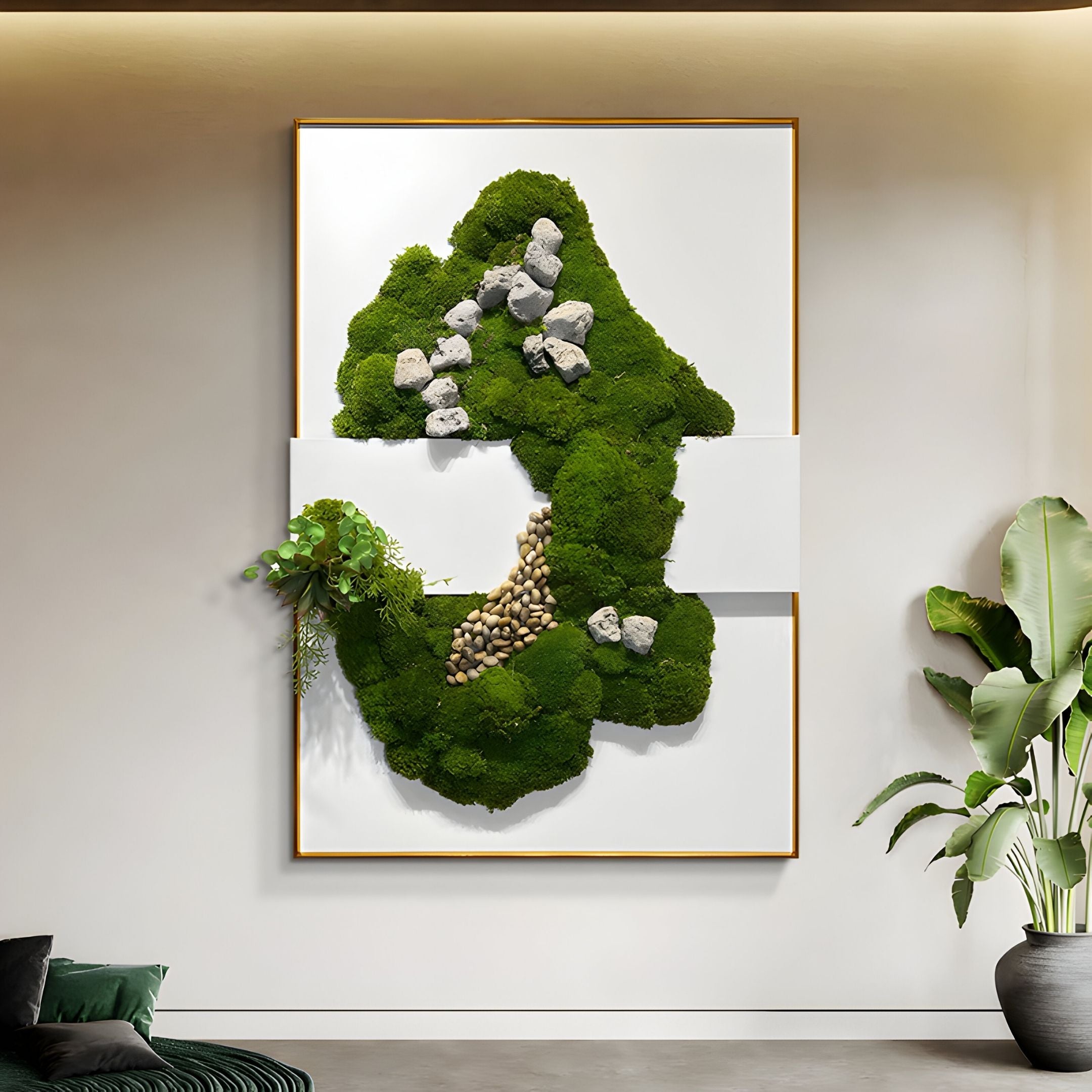 The Florinex Green Moss, Stone & Pebble Organic 3D Wall Art by Giant Sculptures features green moss, white stones, and tan pebbles on a white background, adding modern botanical charm to any space with plants and a green sofa.