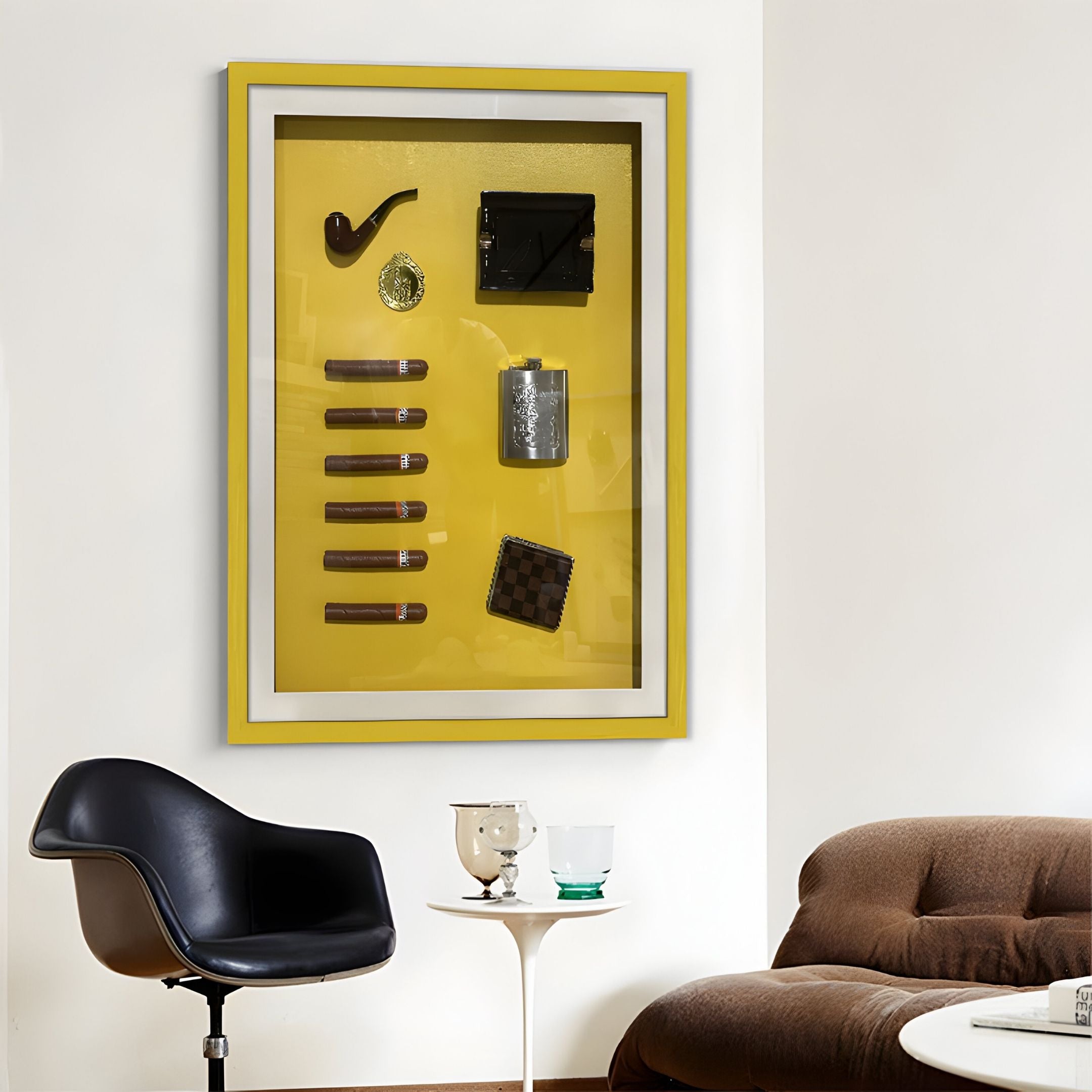 The Gentaro Cigar & Gentleman Collectible Display Wall Art by Giant Sculptures features a yellow shadow box with pipe, wallet, lighter, cigar cutter, flask, cigars, and small box—perfect gentleman decor for your wall.