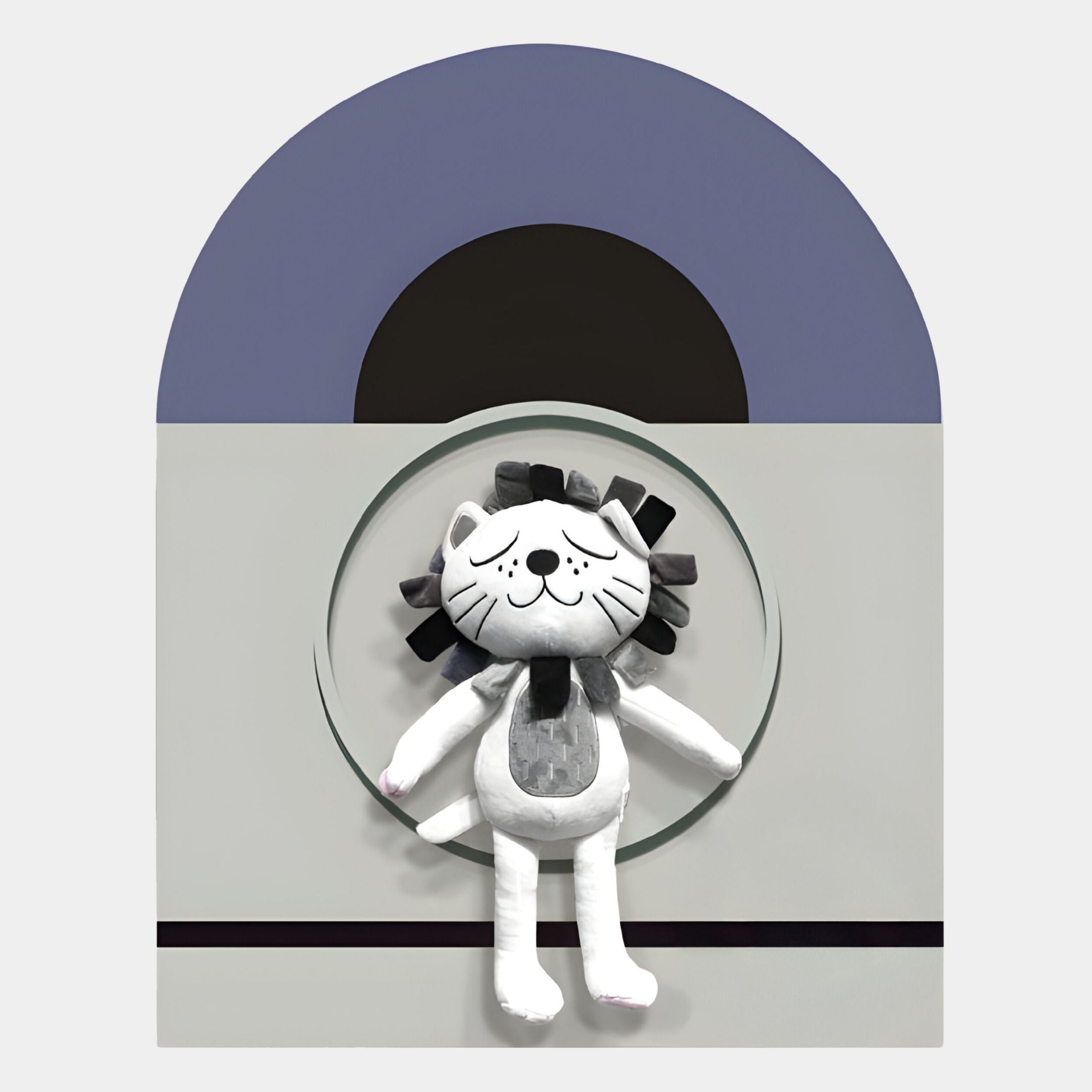 The Cuddiloft Grey Lion Plush Display 3D Wall Art by Giant Sculptures features a plush lion with a white body and gray mane set against abstract geometric backgrounds—ideal for modern Nordic nursery or kids room decor.