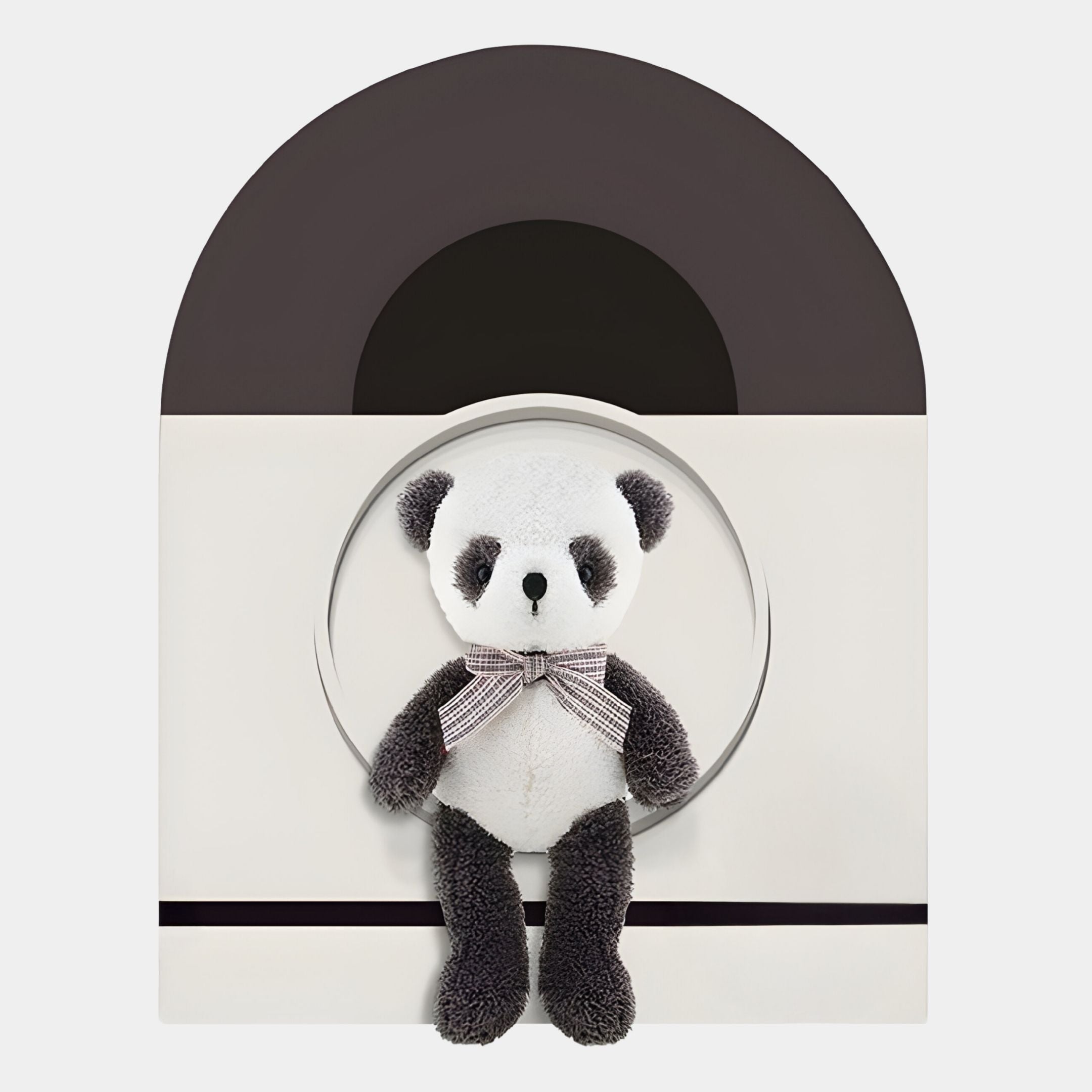 The Cuddiloft Panda Plush Display 3D Wall Art by Giant Sculptures features a plush panda with a plaid bow, adding charming Nordic style and eye-catching, modern decor to children's rooms or nurseries.