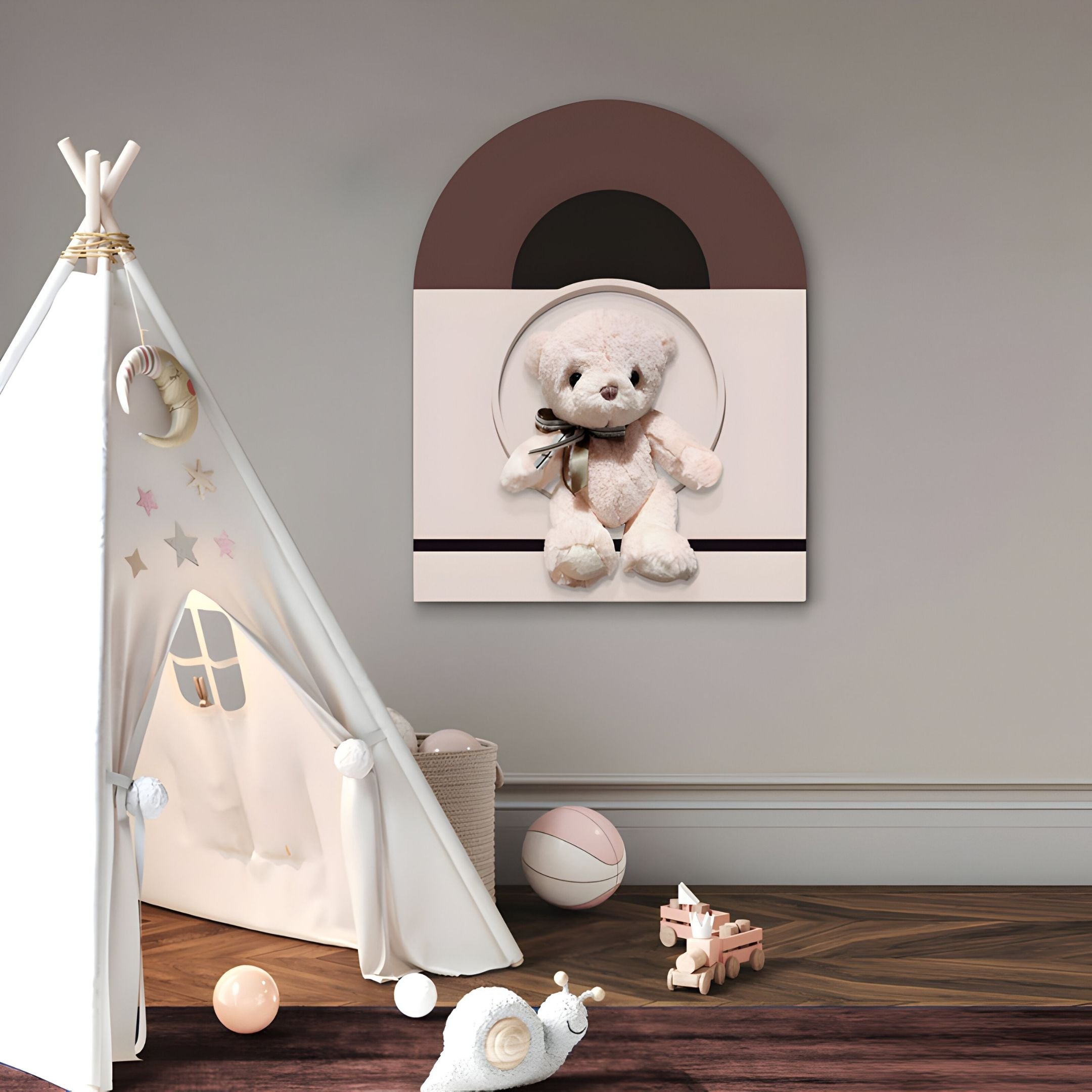 A children's room features Giant Sculptures’ Cuddiloft Blush Bear Plush Display 3D Wall Art, white play tent with pastel stars and moons, light gray walls with decorative molding, and toys scattered for perfect nursery decor.