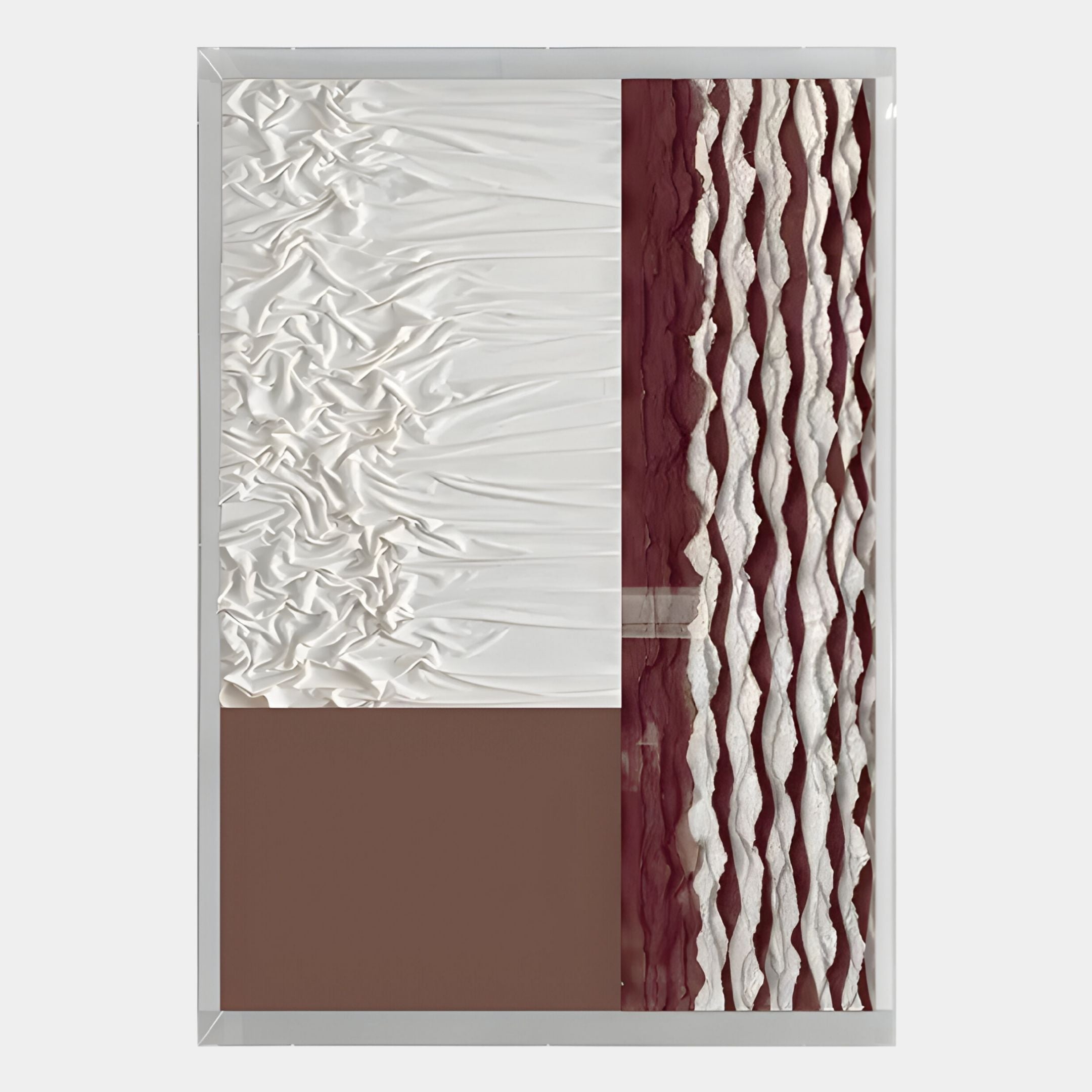 The Texturien White & Burgundy Paper Abstract 3D Wall Art by Giant Sculptures features crumpled white fabric over brown on the left and textured maroon and white wavy patterns on the right, all in a white frame—perfect for contemporary wall decor.