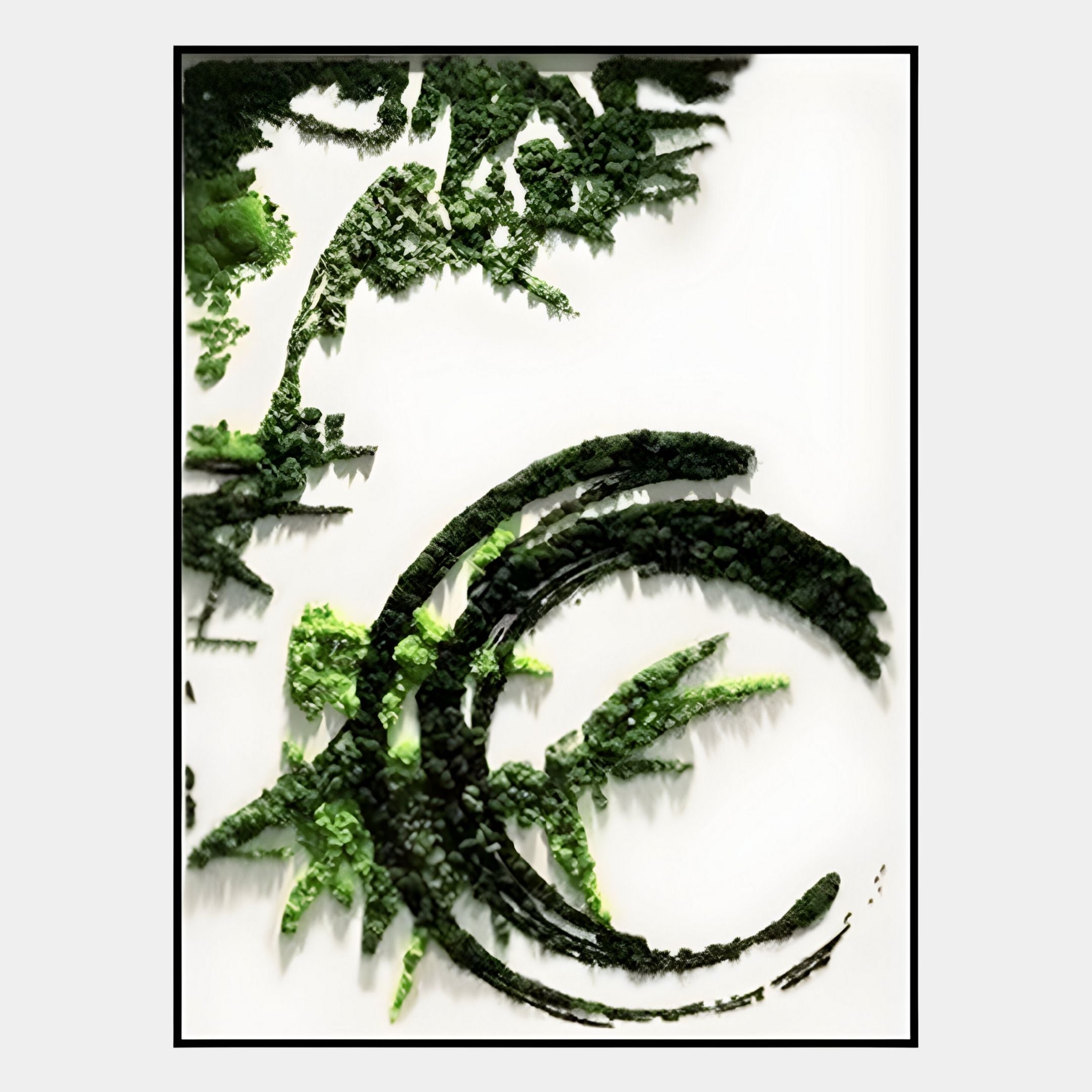 The Verdaryn Green Moss Arc Textured 3D Wall Art by Giant Sculptures features dark and light green curved shapes on a white backdrop with a thin black frame—ideal for biophilic decor.