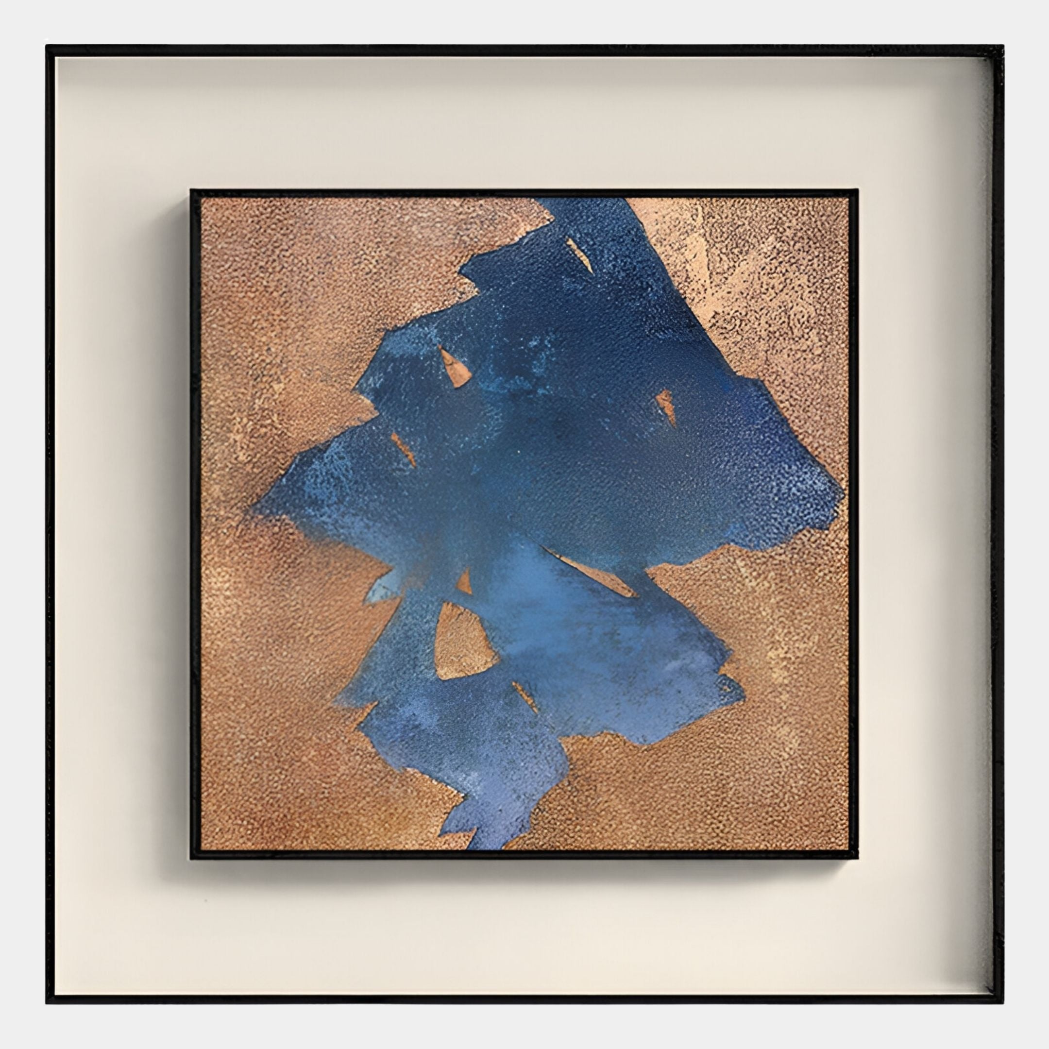 Stratum Indigo Drift Textured Abstract Framed Wall Art by Giant Sculptures features bold blue shapes on a copper and gold background, set in a sleek black frame—ideal for adding contemporary flair to your space.