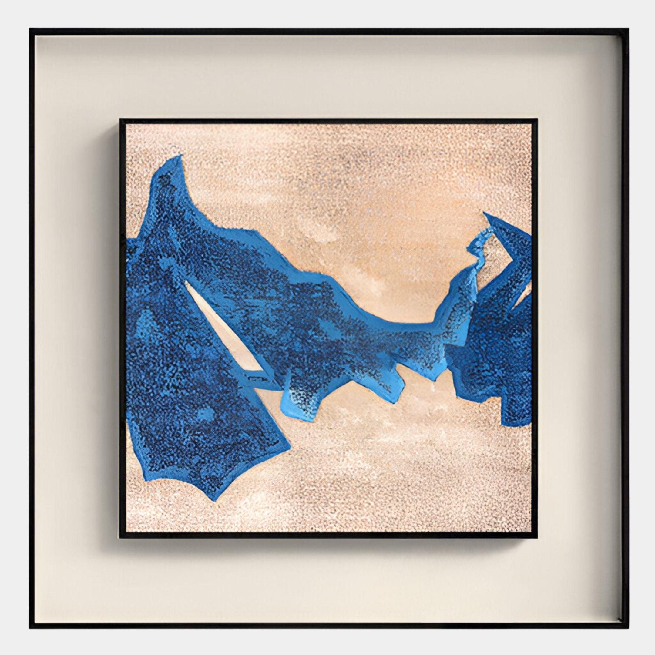 Stratum Blue Crest Textured Abstract Framed Wall Art by Giant Sculptures features jagged blue forms on a textured beige background, set in a sleek black-bordered shadow box white frame for striking modern appeal.