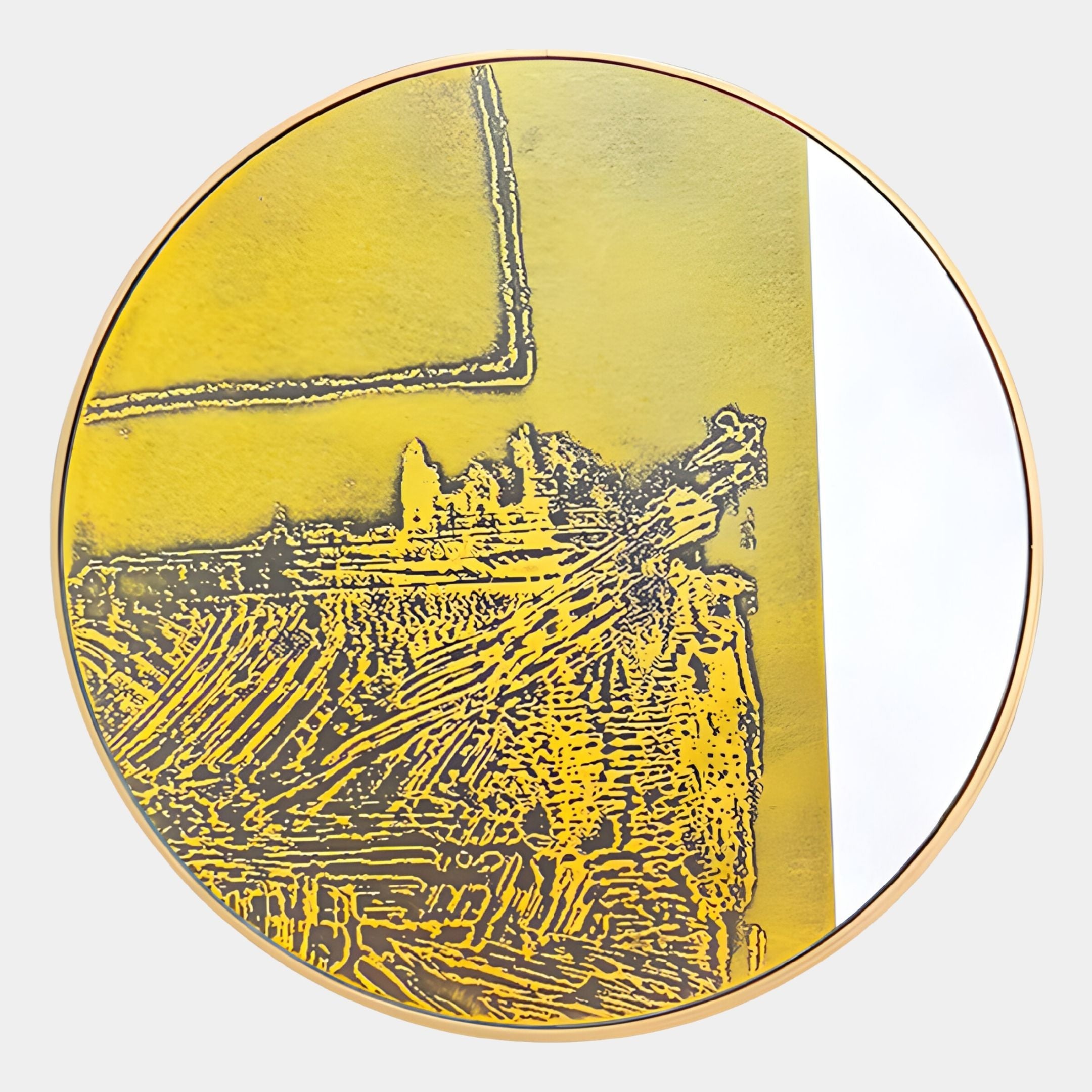 The Auralune Golden Sketch Abstract Round 3D Wall Art by Giant Sculptures features a gold-framed round design with yellow and brown textured abstract art, plus a white vertical accent on the right side.