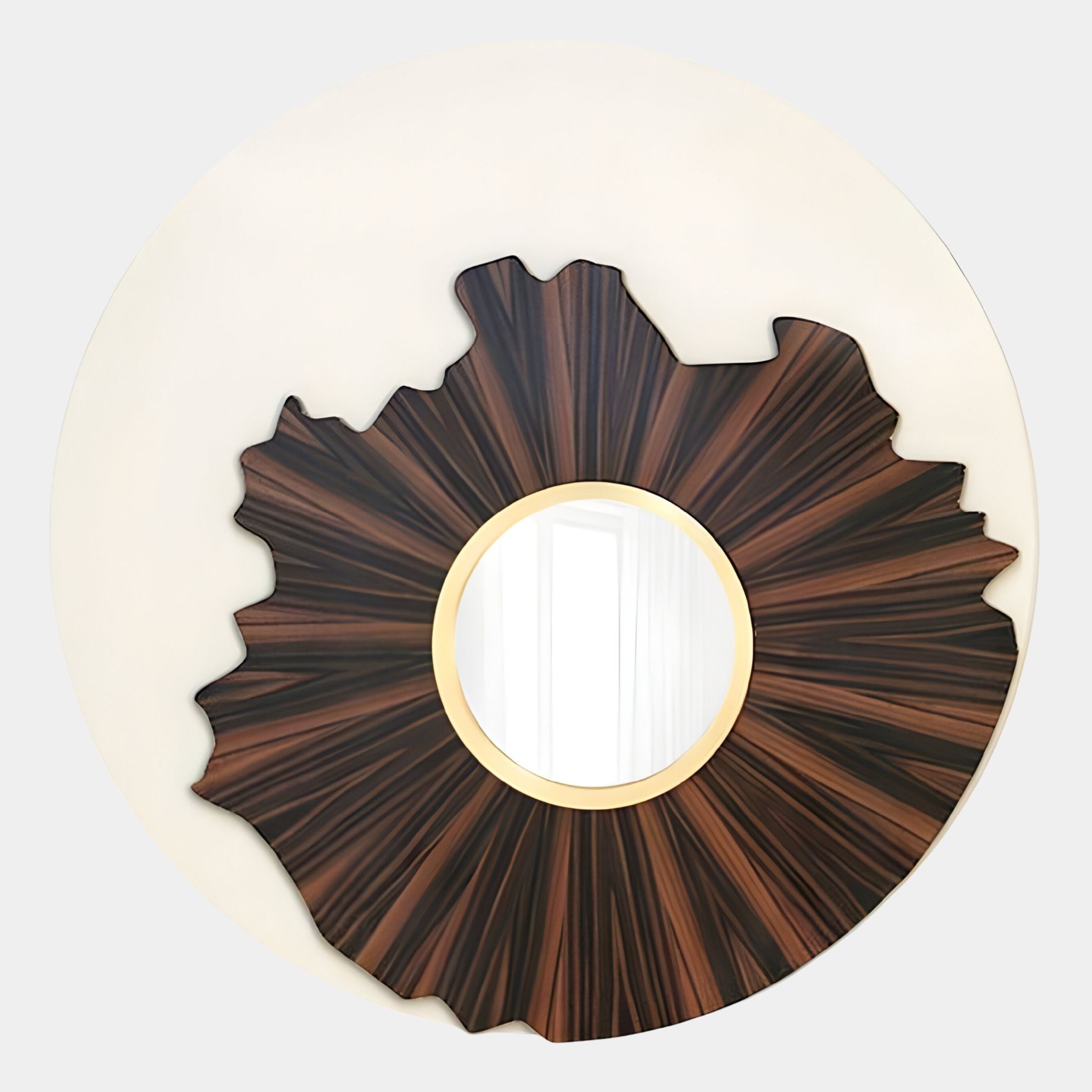 The Lunestre Walnut Burst Round Sculptural Mirror 3D Wall Art by Giant Sculptures features a dark wood sunburst frame and a thin gold border, and is shown mounted on a light-colored wall.