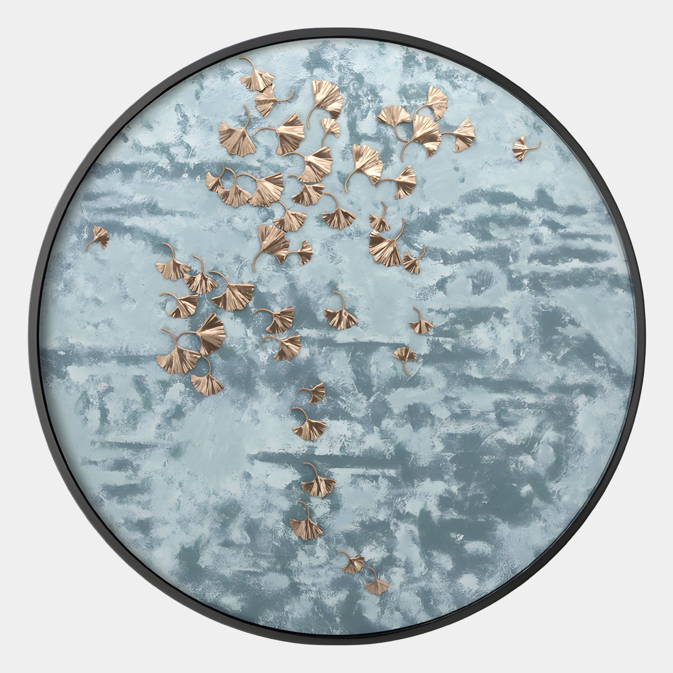 The Florivonne Gilded Metal Leaf Round 3D Wall Art by Giant Sculptures features gold ginkgo leaves on a cloudy blue-white background—a striking Blue-Grey Wall Art accent for modern spaces.