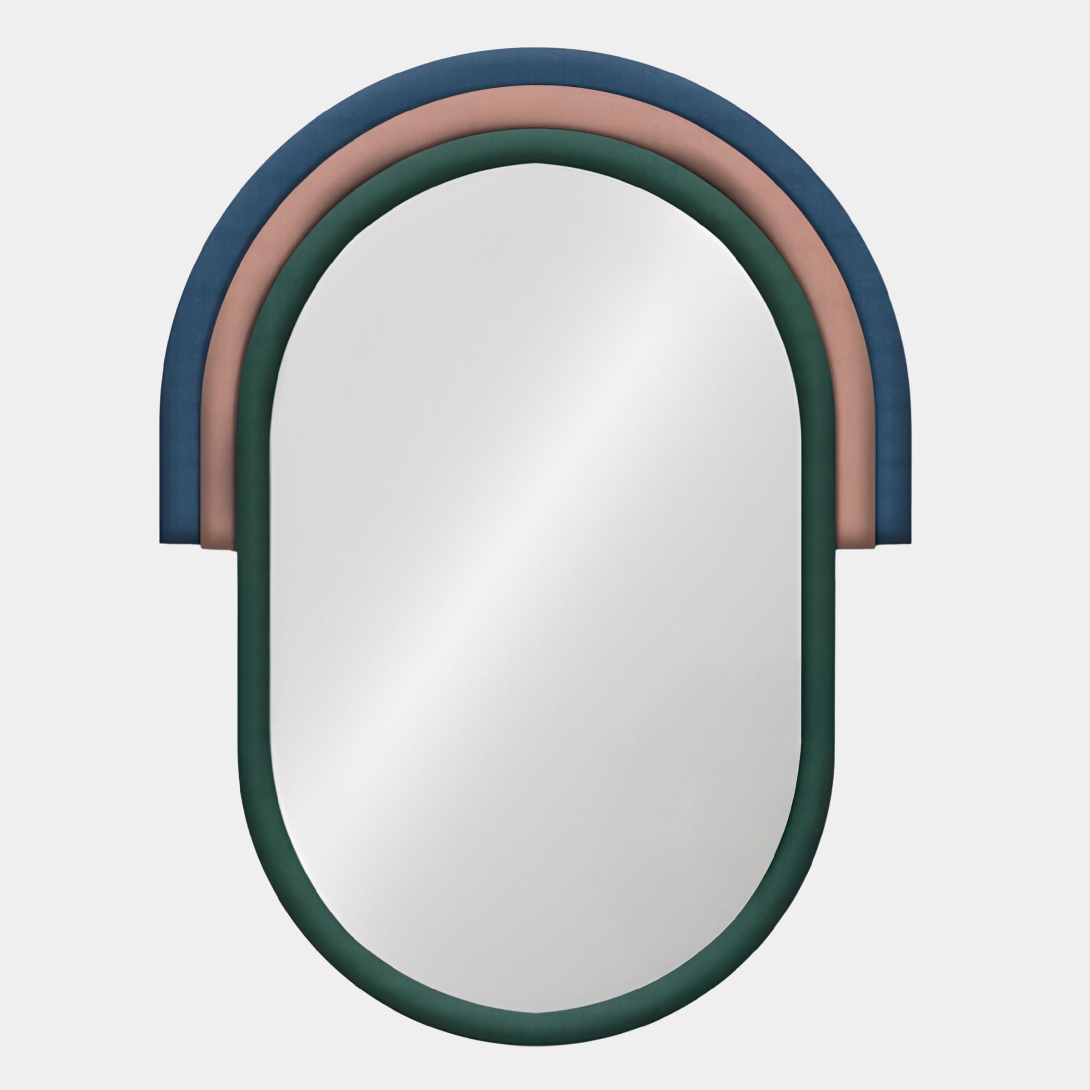 The Arcaluna Blue & Blush Layered Arch Mirror 3D Wall Art by Giant Sculptures features three oval arches in dark blue, pink, and green, creating a modern geometric design and 3D mirror effect on a white background.
