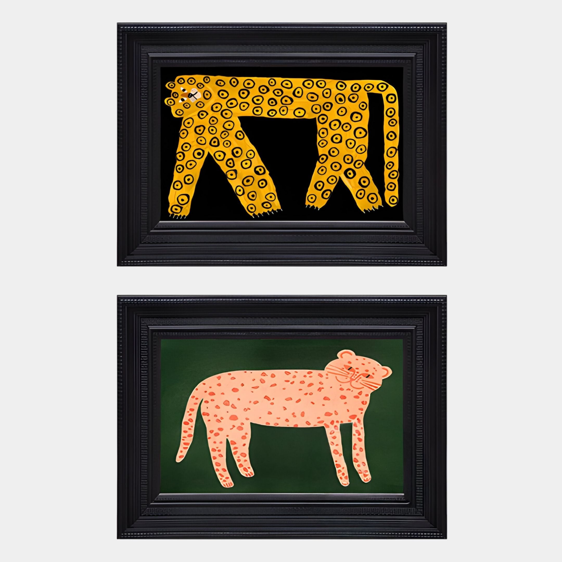 The Ardensir Golden Leopard Duo 2-Set Framed Wall Art by Giant Sculptures features two HD spray paintings: a yellow cat with circular spots on black, and a pink cat with orange spots on green, both in sleek black frames.