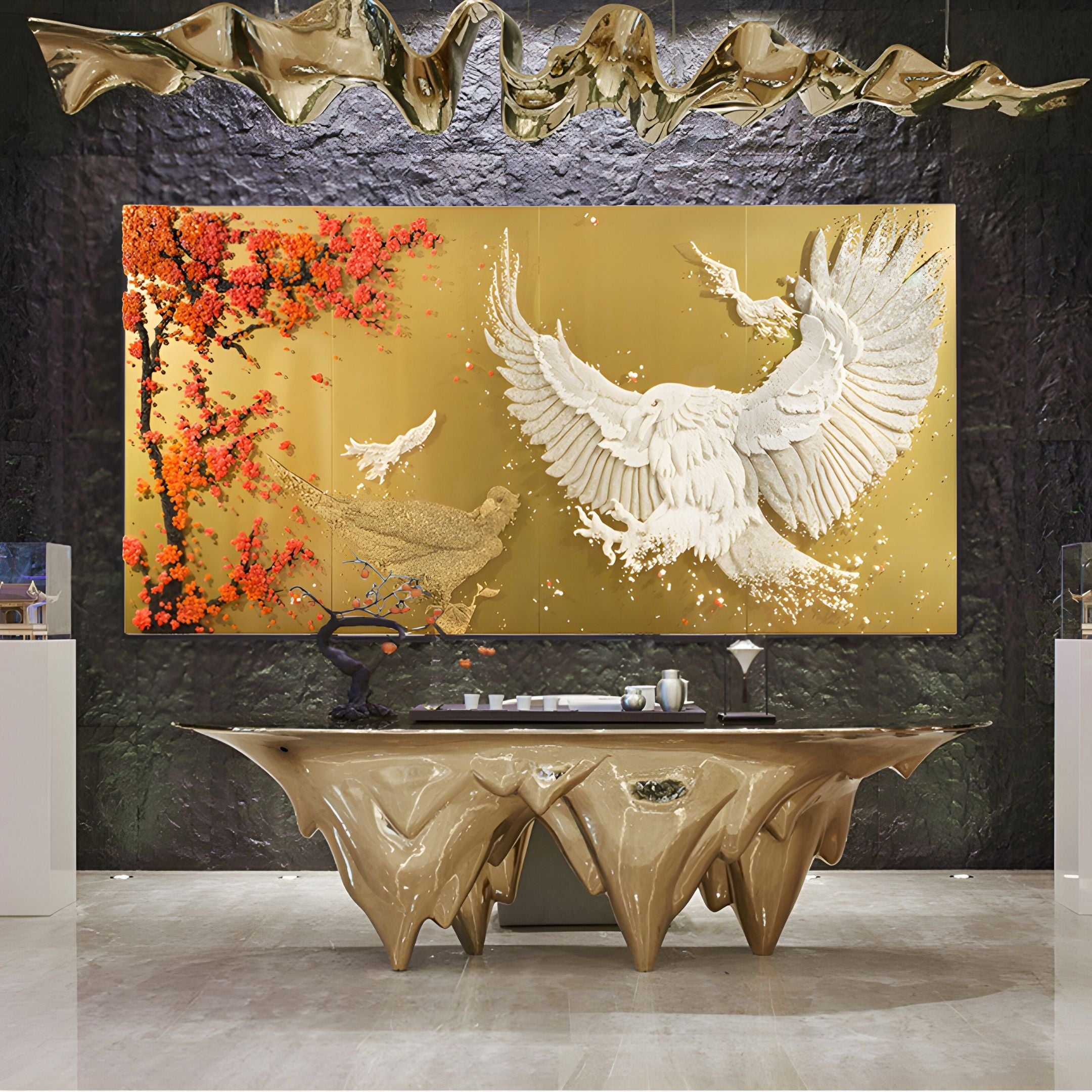 A luxurious room showcases Giant Sculptures’ Aurellion White Birds & Red Blossom Gold Panel 3D Button Wall Art, featuring two white birds among red blossoms on a dark textured wall beneath ornate golden ceiling decor.