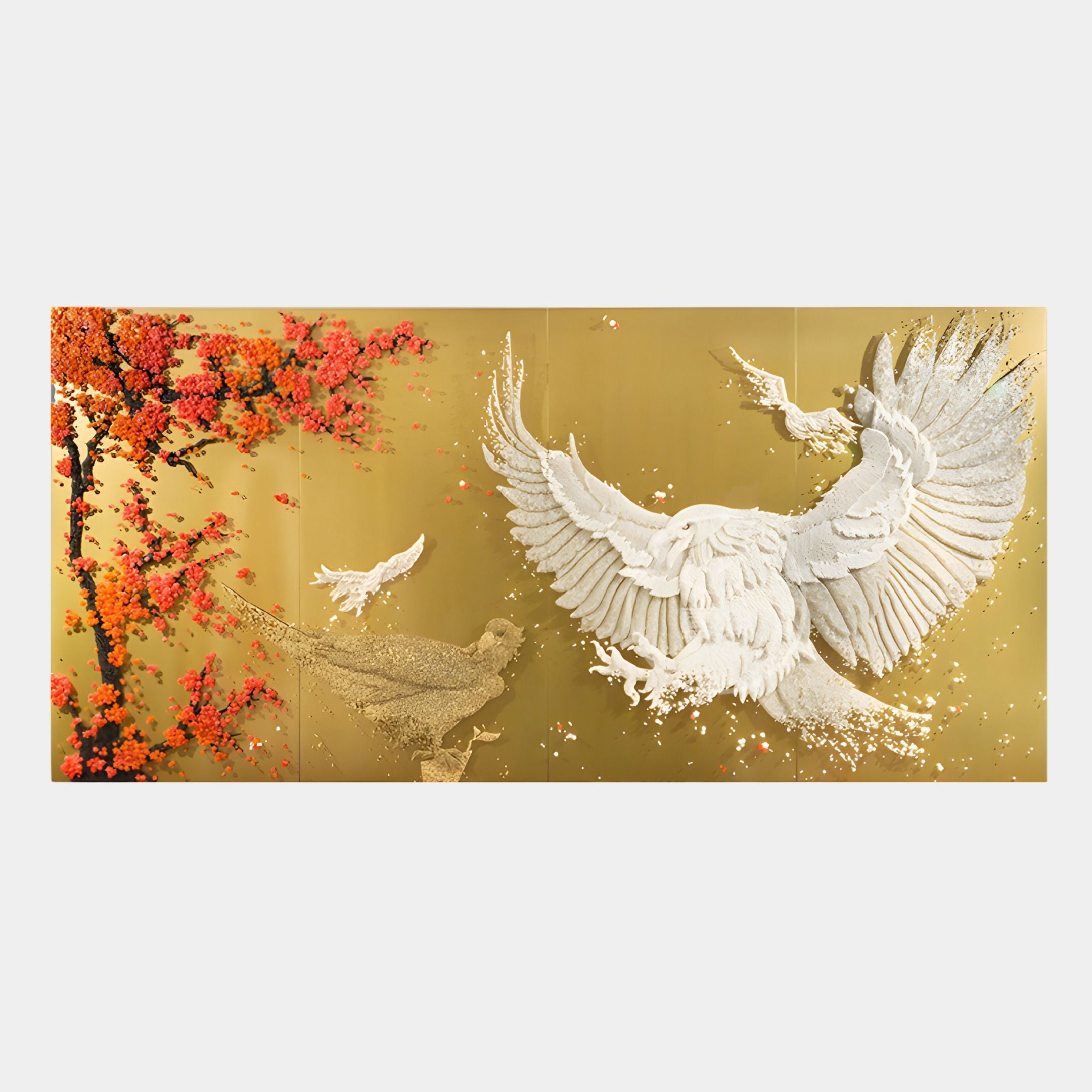 The Aurellion White Birds & Red Blossom Gold Panel 3D Button Wall Art by Giant Sculptures features two white birds soaring near a red-blossomed tree, with scattered petals on a stunning gold background.
