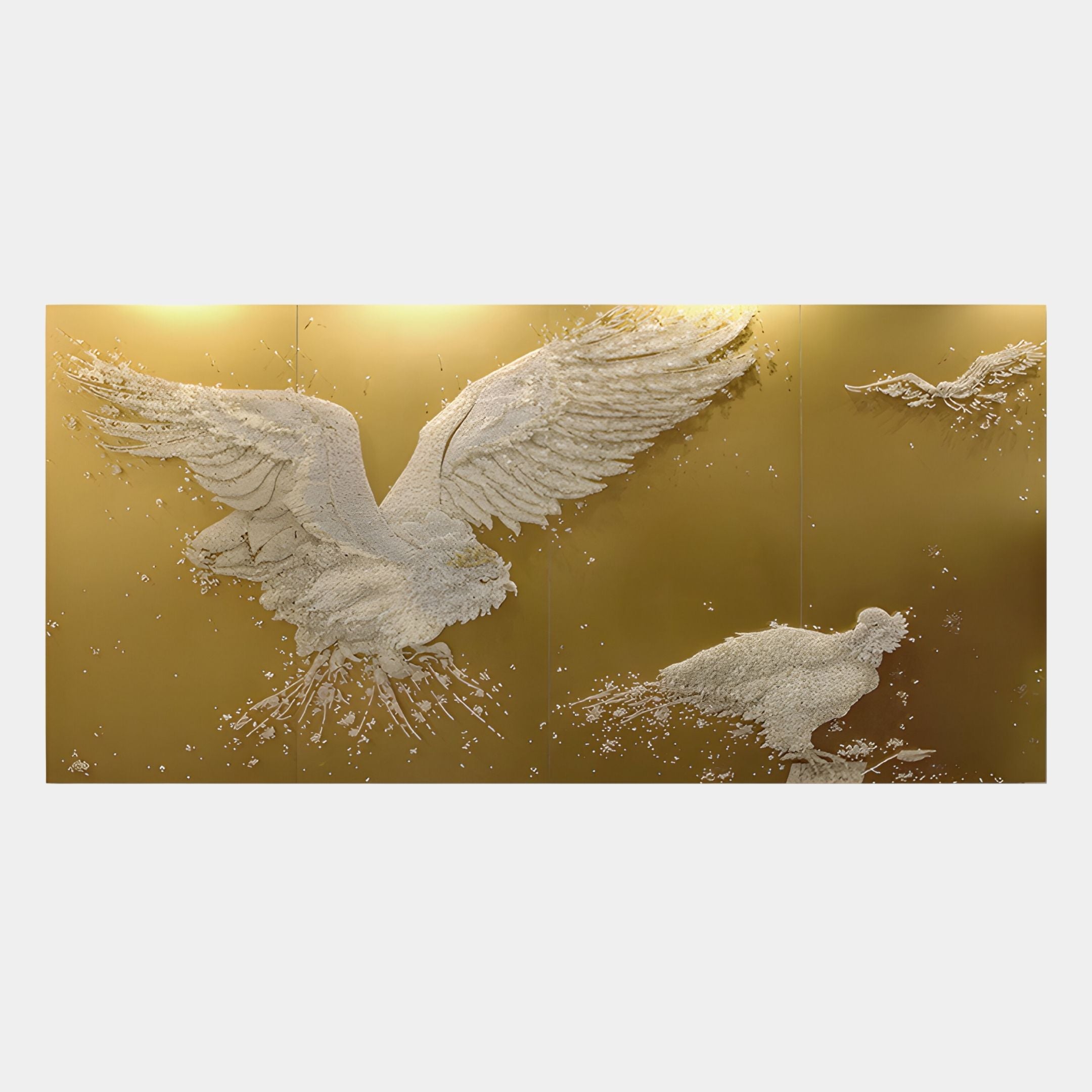 The Aurellion Soaring Eagle & Birds Gold Panel 3D Button Wall Art by Giant Sculptures features two large white birds with outstretched wings, intricately detailed on a textured gold background for a striking modern effect.