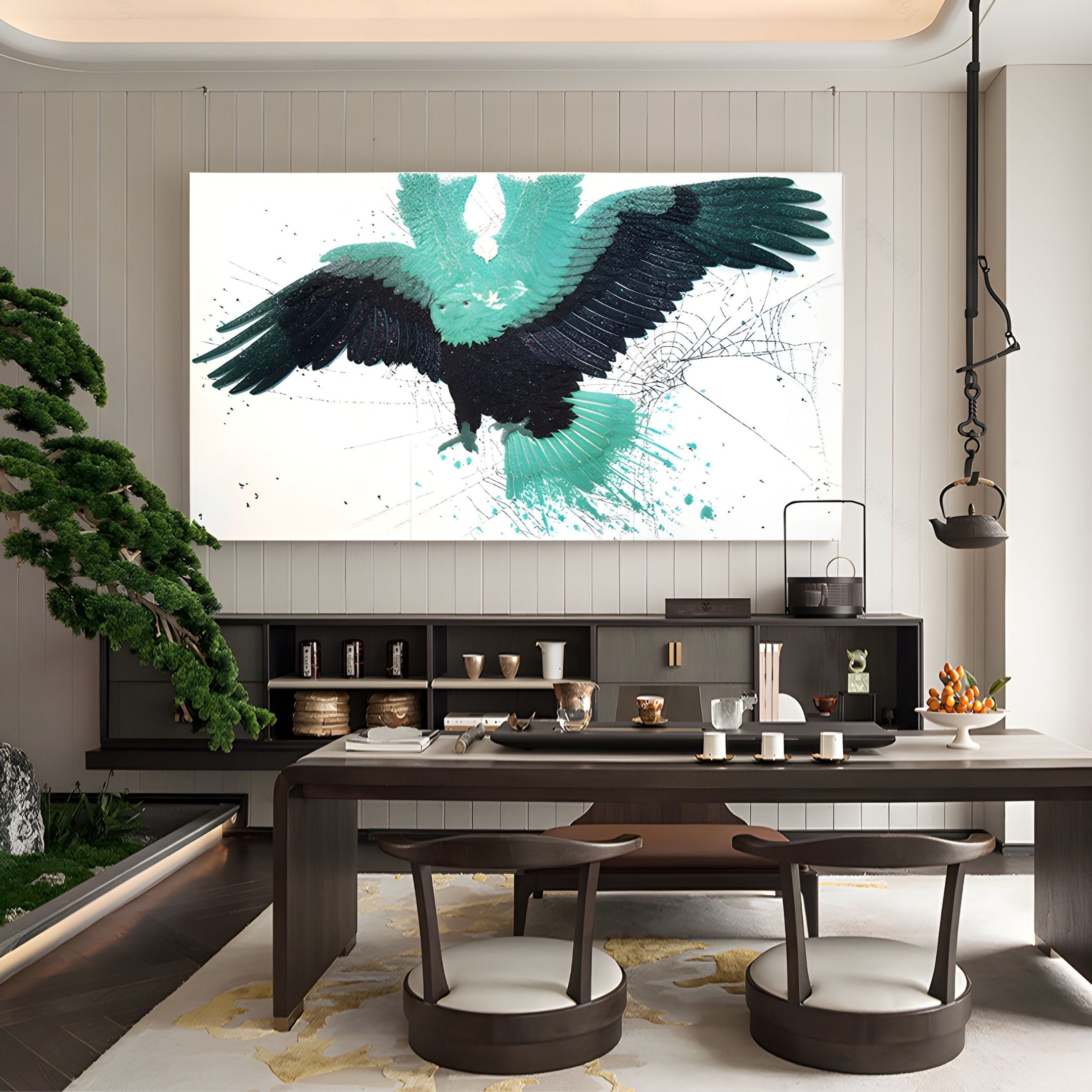 A modern dining room with minimalist décor, showcasing Giant Sculptures' Aurellion Teal Eagle Flight & White Panel 3D Button Wall Art, a teal and black bird above a sideboard, plus a bonsai tree and a table with two chairs.