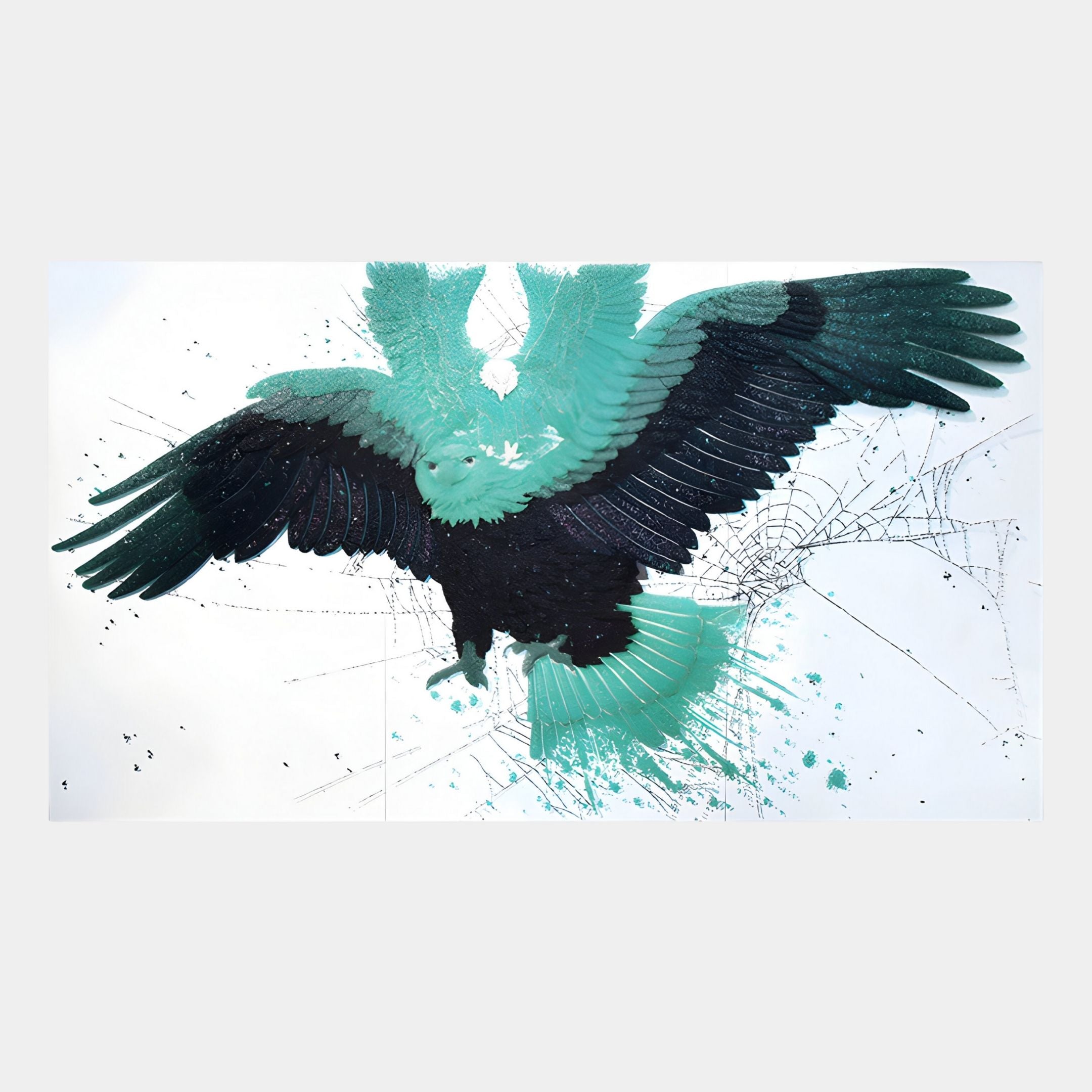 The Aurellion Teal Eagle Flight & White Panel 3D Button Wall Art by Giant Sculptures features a large eagle in mid-flight with teal and black feathers, abstract splatters, and dynamic lines—ideal for modern spaces.