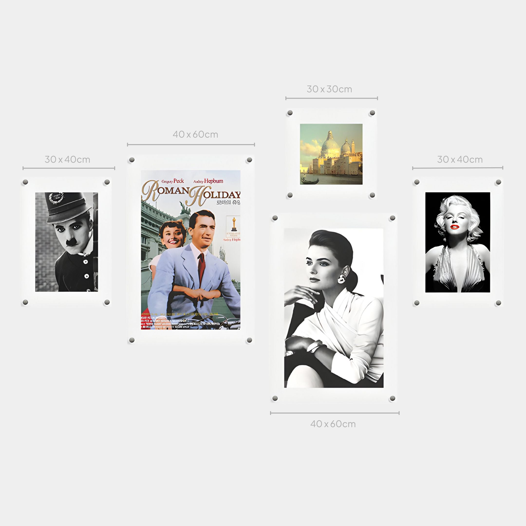 The CineLuxe Classic Icons Retro 5-Panel Acrylic Wall Art by Giant Sculptures features retro film icons in varied sizes—30x40cm, 40x60cm, and 30x30cm—with a central Roman Holiday piece, perfect for vintage fashion photography fans.