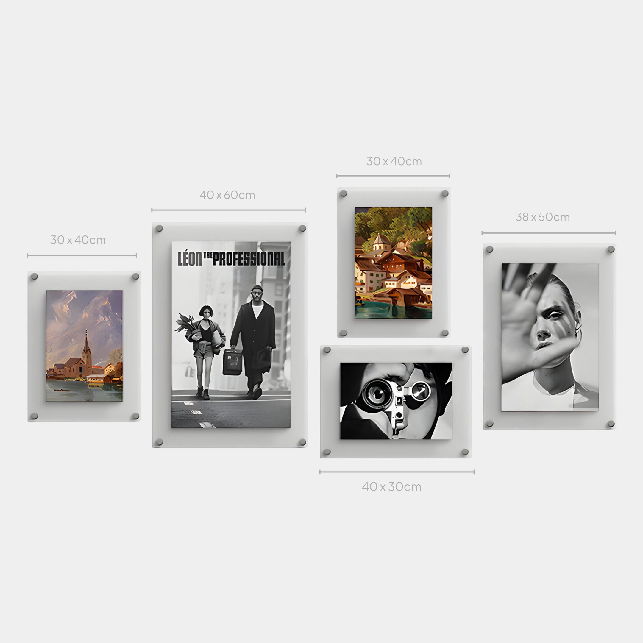 The CineLuxe Cinematic Portrait 5-Panel Acrylic Wall Art by Giant Sculptures features monochrome portraits and illustrations, ideal for modern spaces. Dimensions range from 40x60 cm (largest) to 30x40 cm (smallest), with each frame clearly labeled.