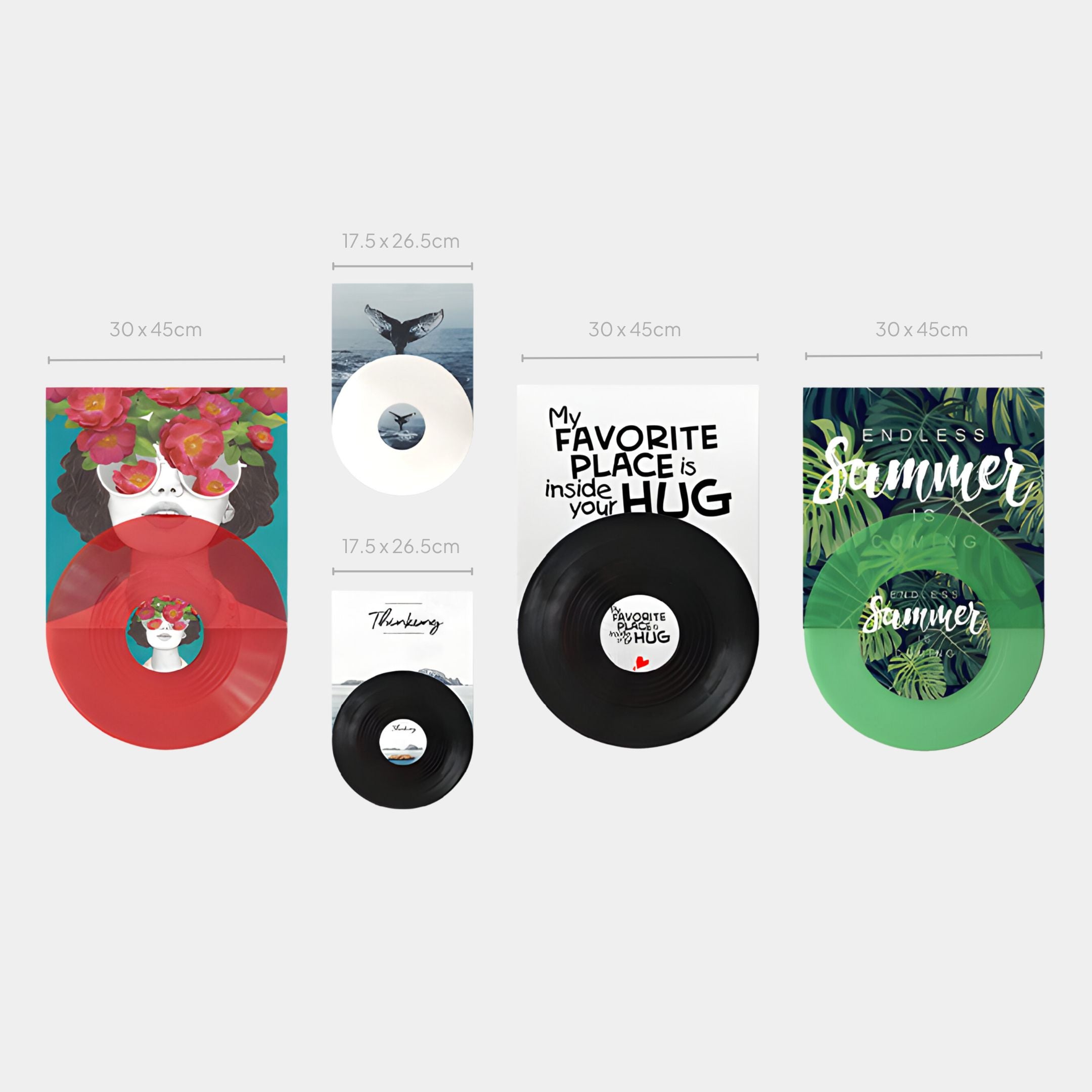 Groovepost Bloom & Summer Vinyl Record 5-Panel Wall Art by Giant Sculptures showing four illustrated covers with matching red, white, black, and green vinyl records in two sizes on a light grey background.