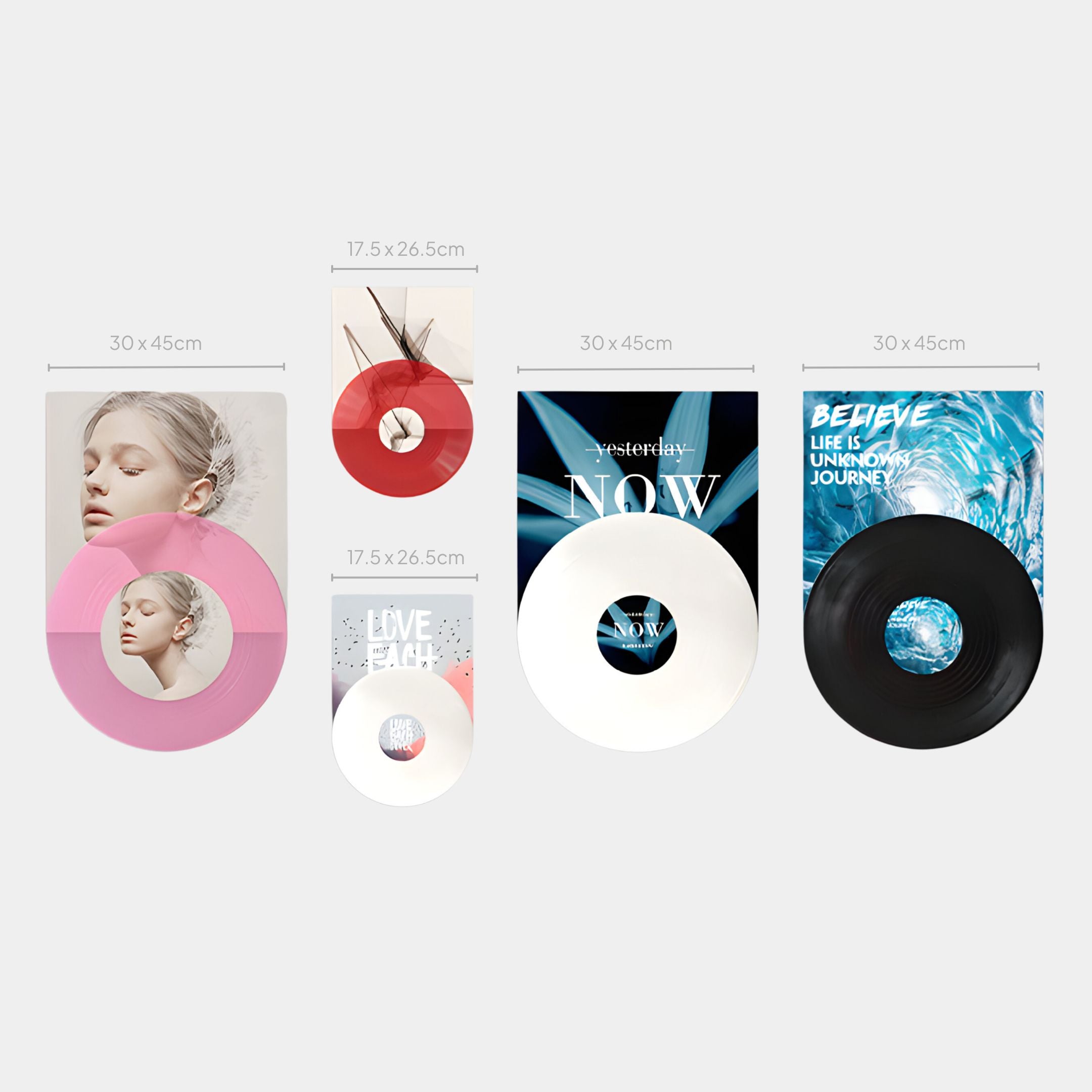 Groovepost Bold Graphics Vinyl Record 5-Panel Wall Art by Giant Sculptures features vibrant album cover designs in two sizes (30x45 cm, 17.5x26.5 cm), arranged as modern wall art against a light gray background.