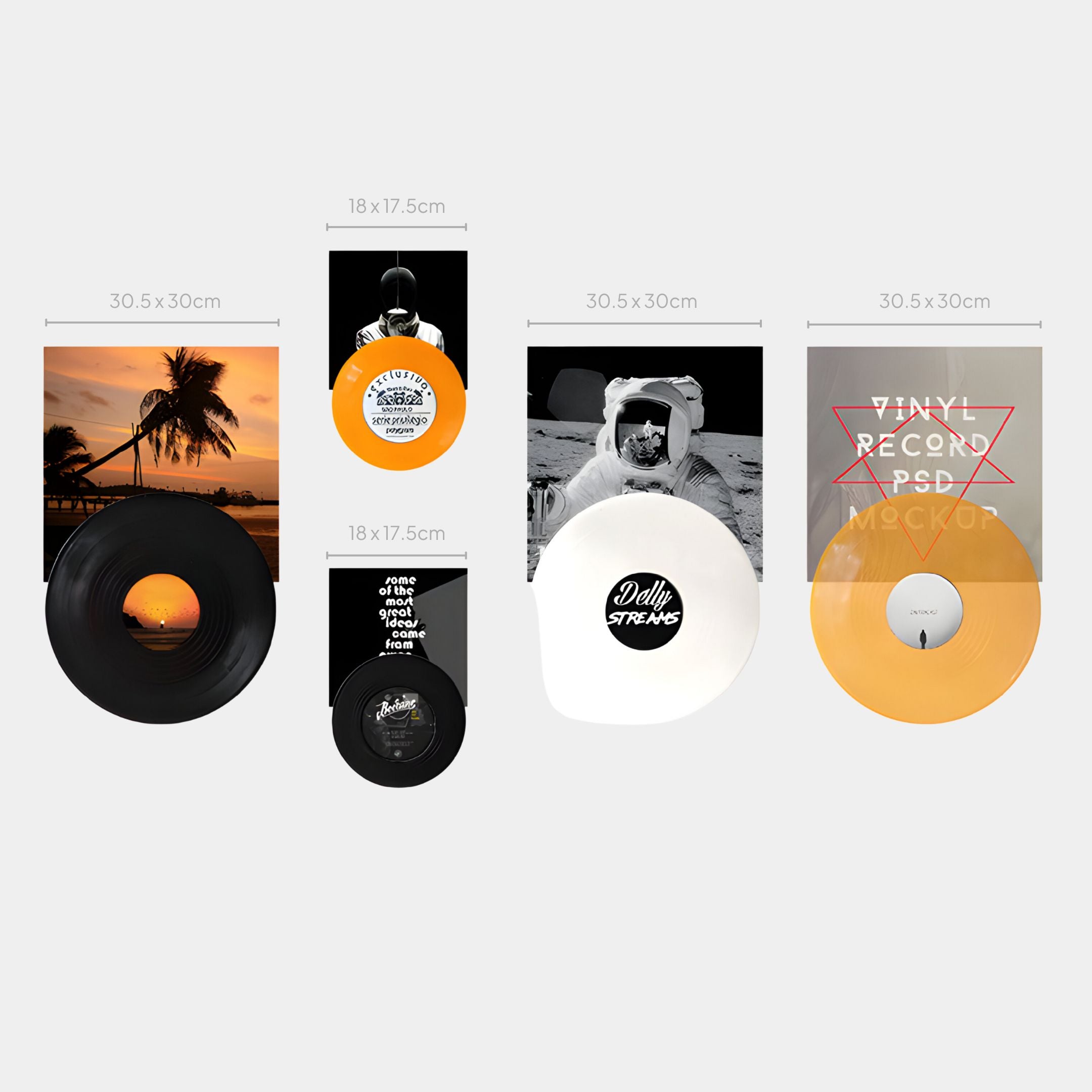 The Giant Sculptures Vinylora Sunset & Space Vinyl Records 5-Panel Wall Art features four vinyl records with open album covers: a sunset beach, black-and-white astronaut, VINYL RECORD PACK MOCKUP text, and Dolly Streams graphic; dimensions displayed.