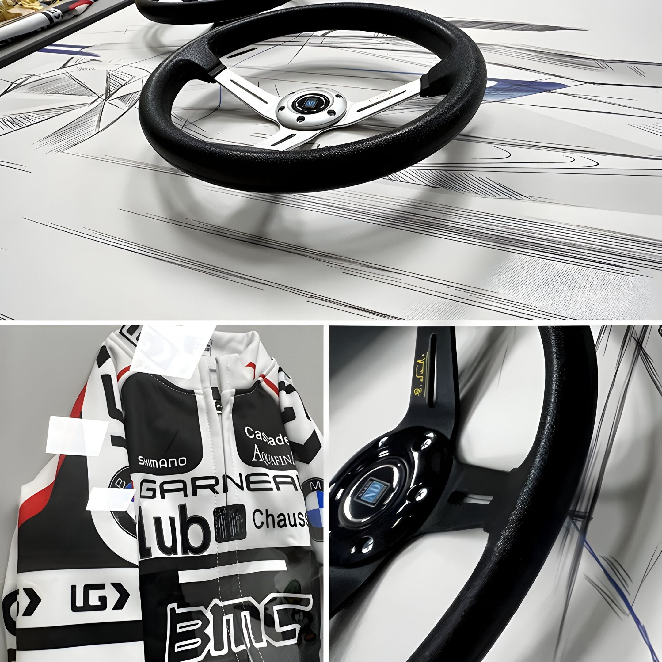 The Apexline Motorsport Racing Theme 2-Set 3D Wall Art by Giant Sculptures features detailed close-ups of a steering wheel and sporty jacket with sponsor logos—perfect motorsport decor for any enthusiast’s space.