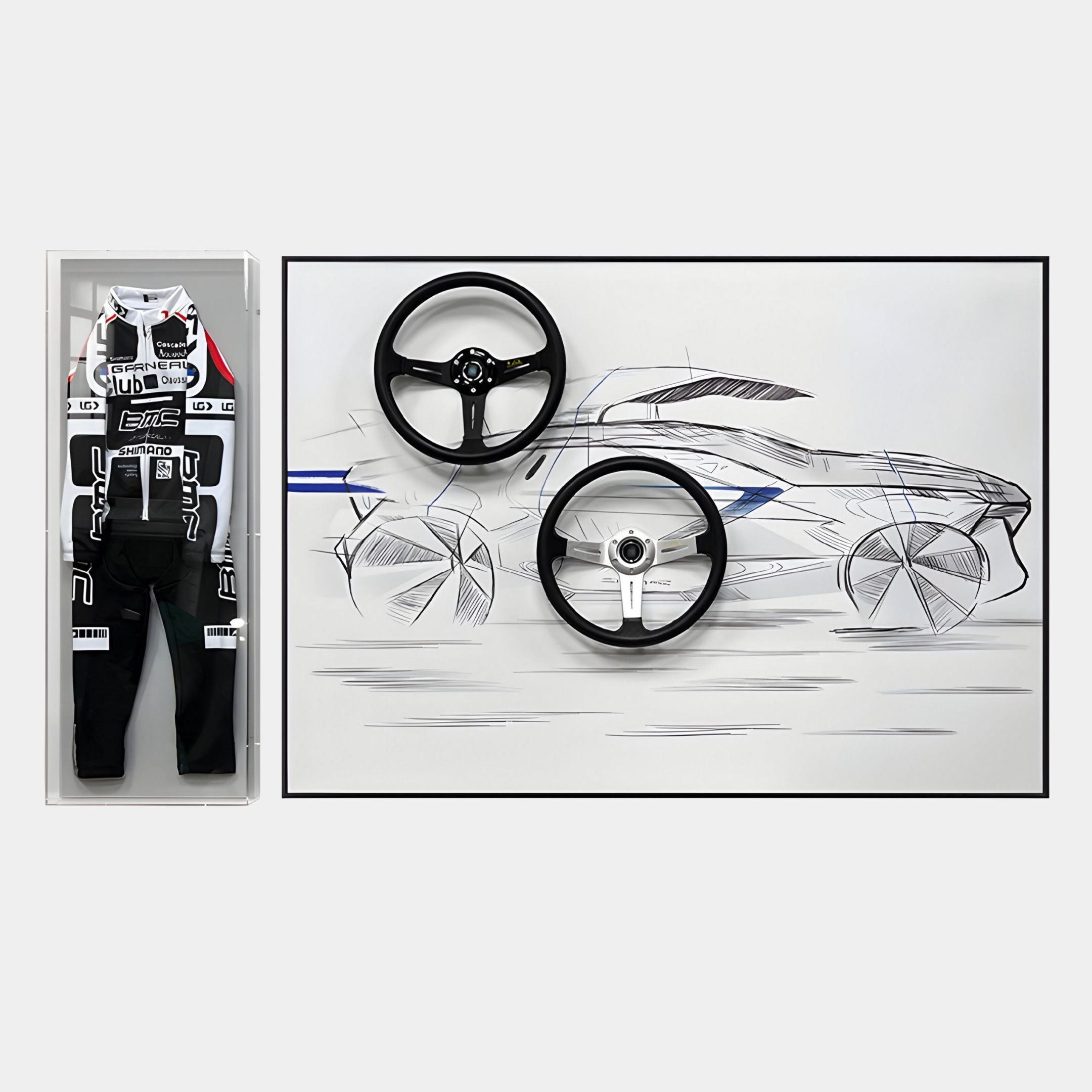 The Giant Sculptures Apexline Motorsport Racing Theme 2-Set 3D Wall Art features two steering wheels and a gear shift displayed on a car sketch, creating clean, modern racing decor against a white background.