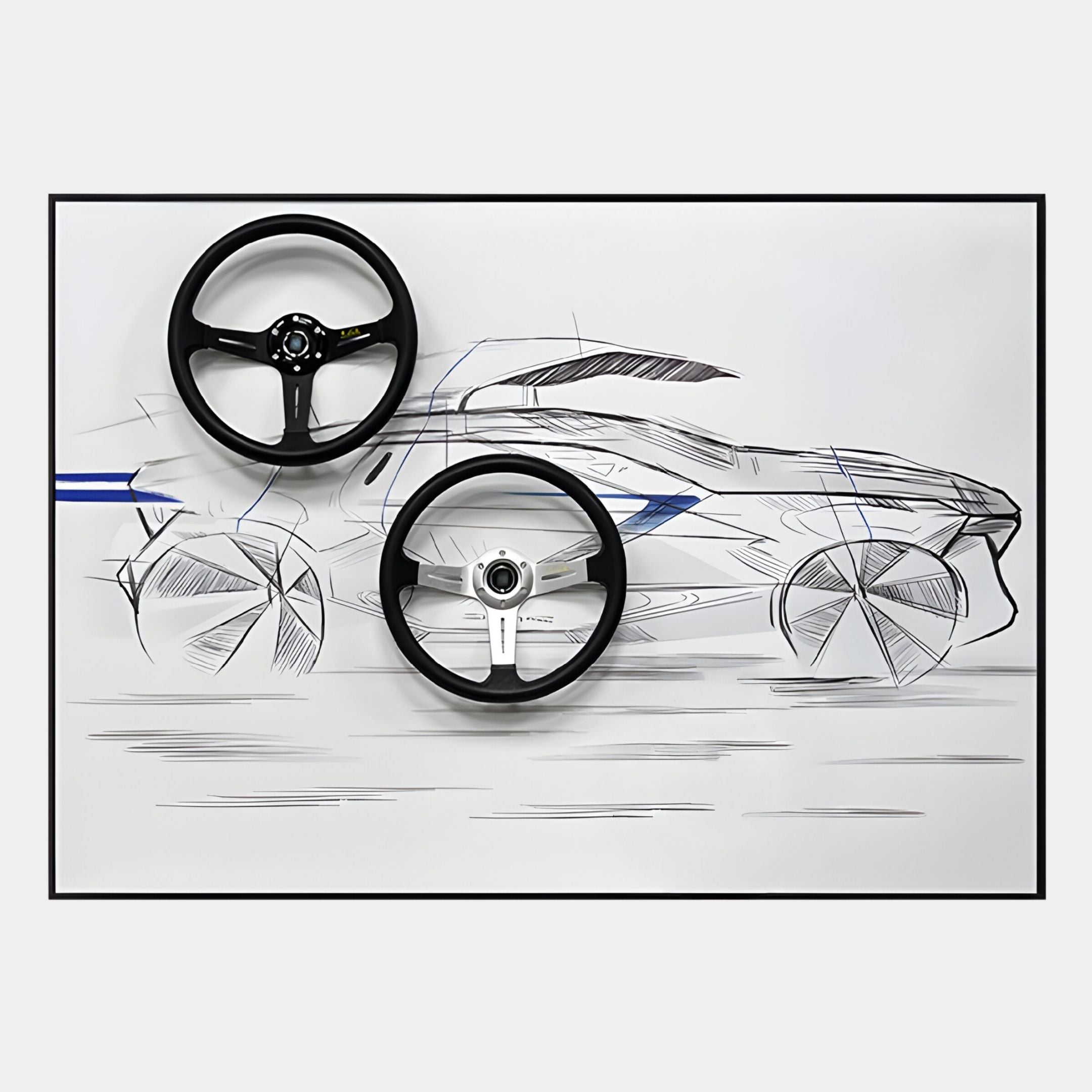 The Apexline Steering Wheel Car Sketch 3D Wall Art by Giant Sculptures blends real steering wheels with hand-drawn car lines on a white background—ideal racing-themed decor for any space.