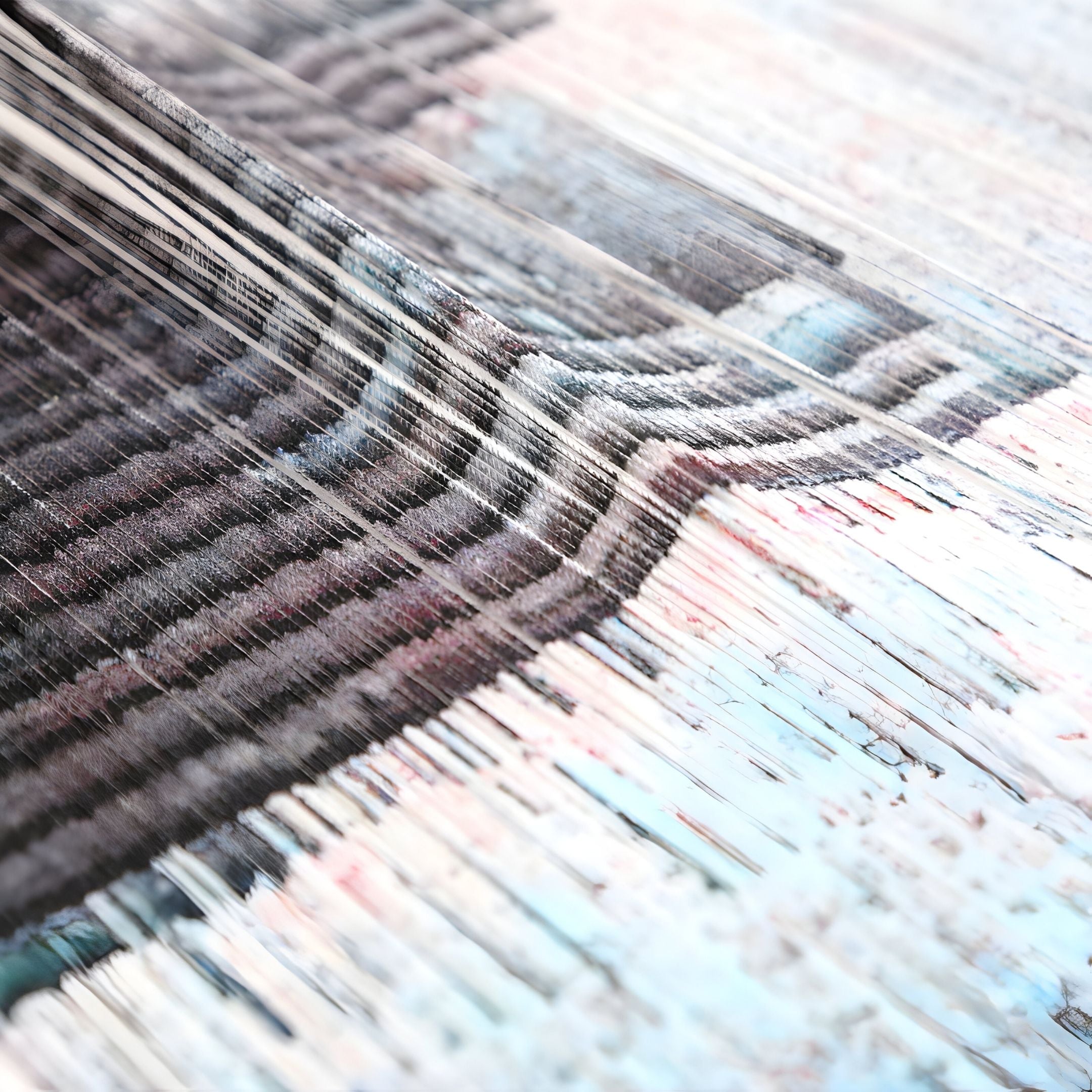 Striathen Crimson & Grey Blur Textured Rope 3D Wall Art by Giant Sculptures features tightly woven black, gray, white, blue, and pink threads for a complex abstract look—ideal as striking contemporary wall art.