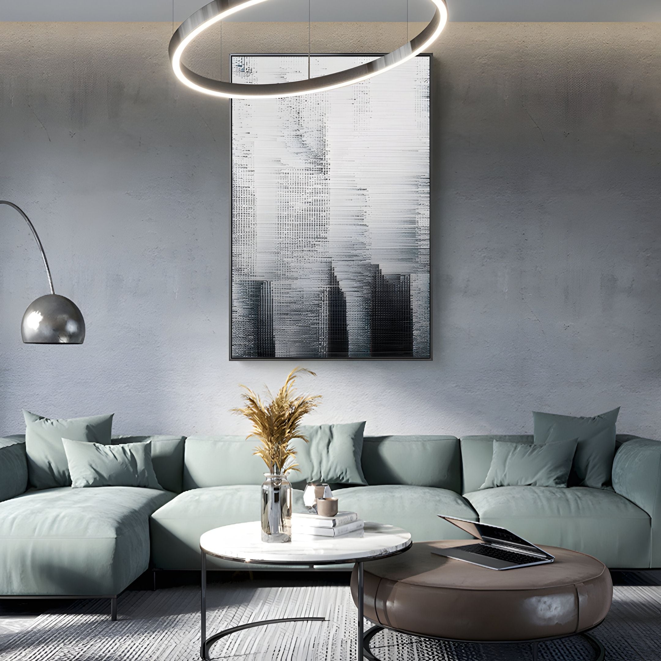 A modern living room featuring a light green sectional sofa, round coffee table with dried flowers, a laptop, stylish pendant lights, and Striathen Smoke & Silver Blur Textured Rope 3D Wall Art by Giant Sculptures on a gray wall.