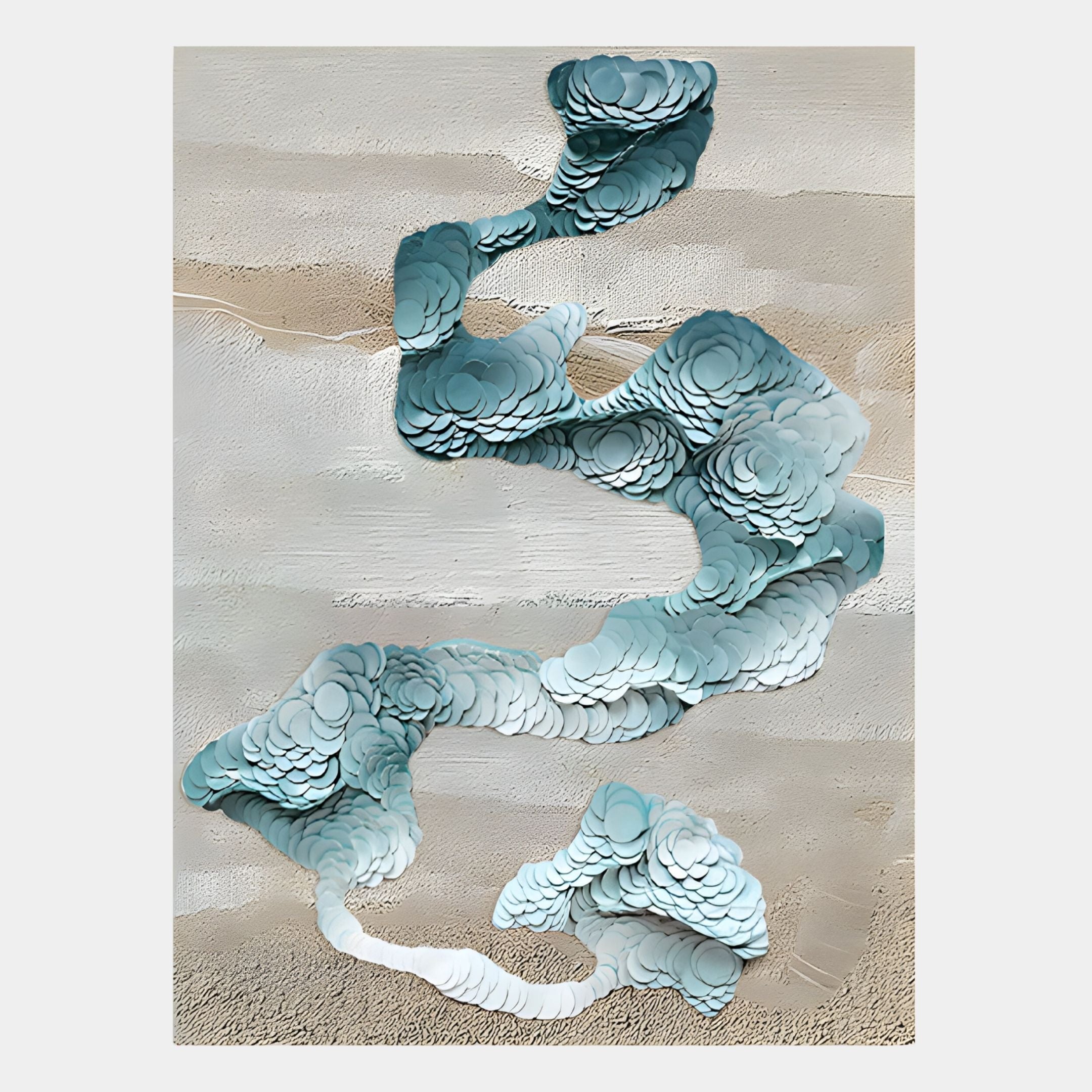 Aqualoom II Layered Leather Hand-Painted 3D Wall Art by Giant Sculptures features blue and white circular forms winding across a textured beige and white background, creating a sculptural, dimensional effect reminiscent of abstract installation art.