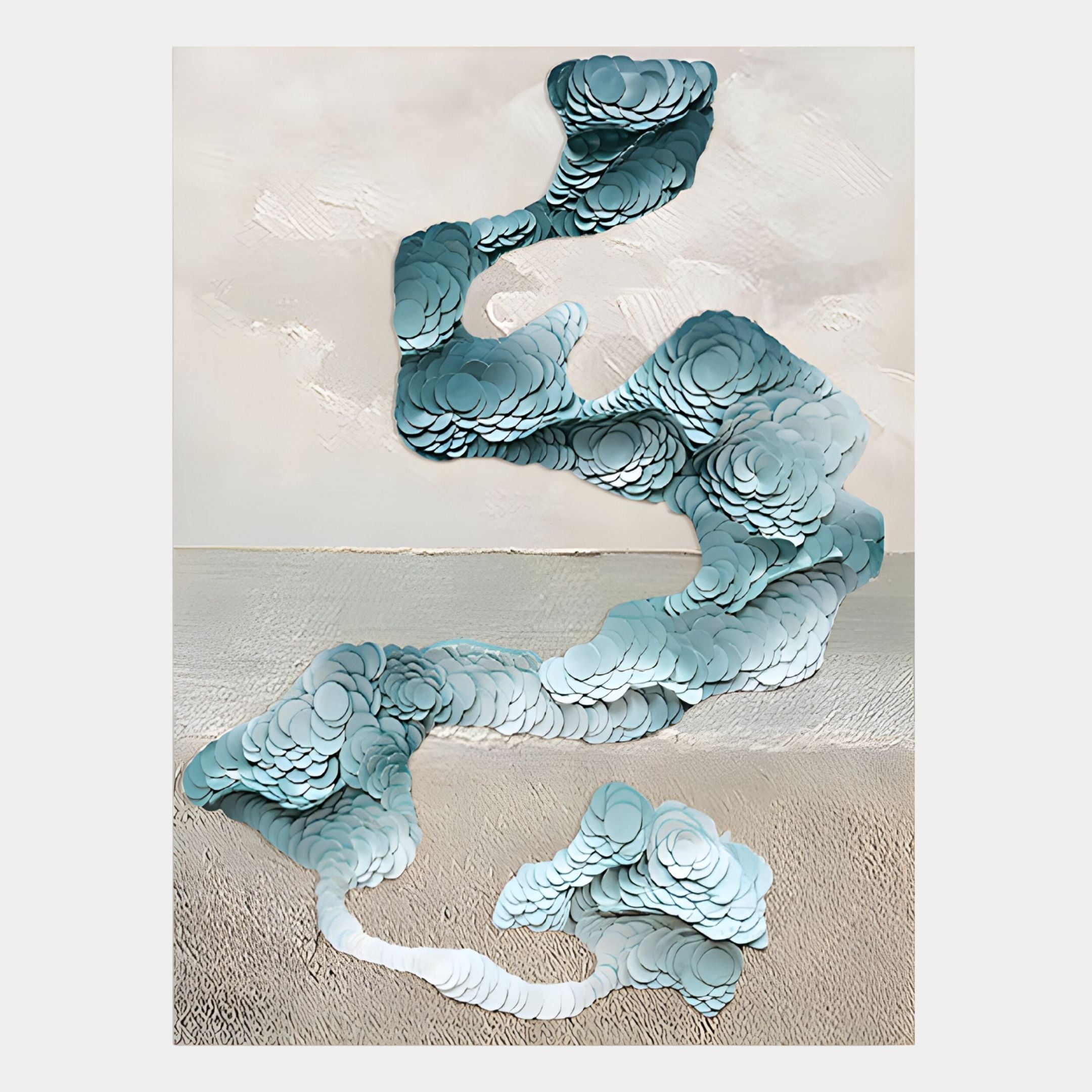Aqualoom III Layered Leather Hand-Painted 3D Wall Art by Giant Sculptures features a ribbon-like design of layered blue forms over a neutral background, evoking abstract clouds or waves—ideal as unique wabi-sabi-inspired decor.
