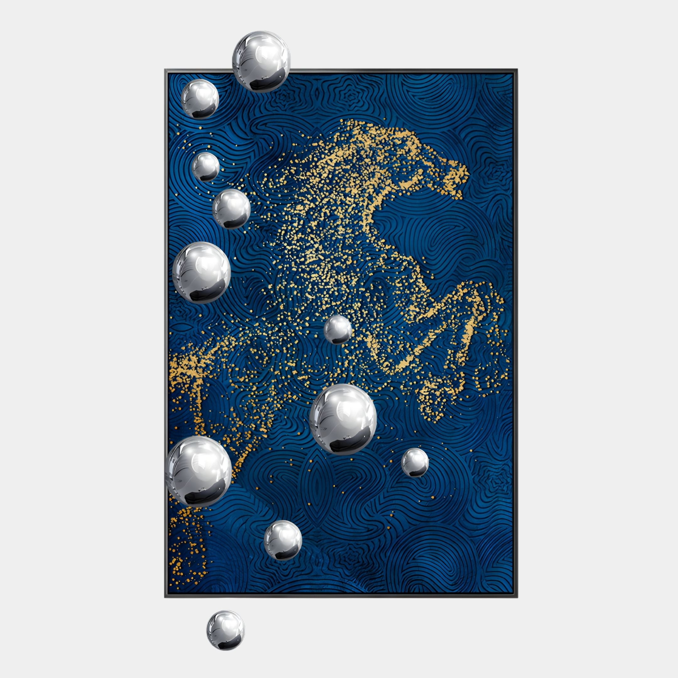 AstraLuxe Blue & Gold 3D Wall Art With Metal Balls by Giant Sculptures features a dynamic horse made of golden particles on textured blue, accented with shiny silver spheres—an eye-catching piece for modern spaces.