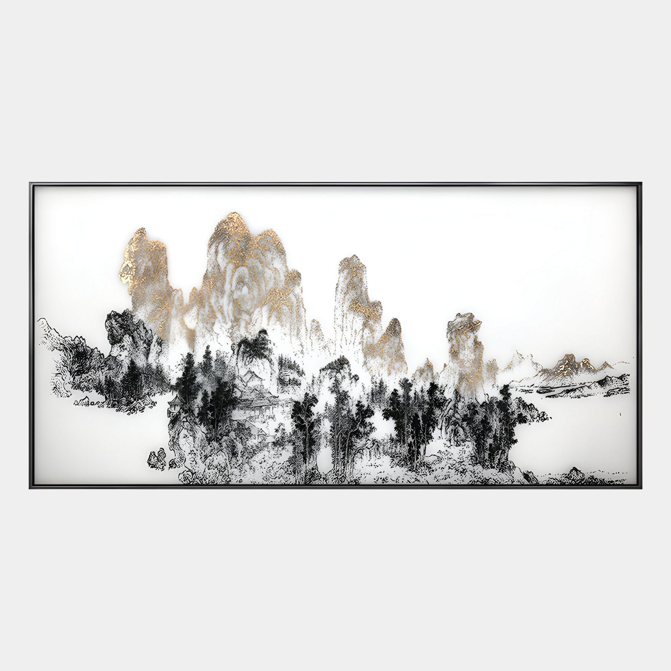 The Aureink Mountain Panorama Textured Silk 3D Wall Art by Giant Sculptures showcases black trees and hills with golden-edged mountains on a white background, all elegantly framed in black.