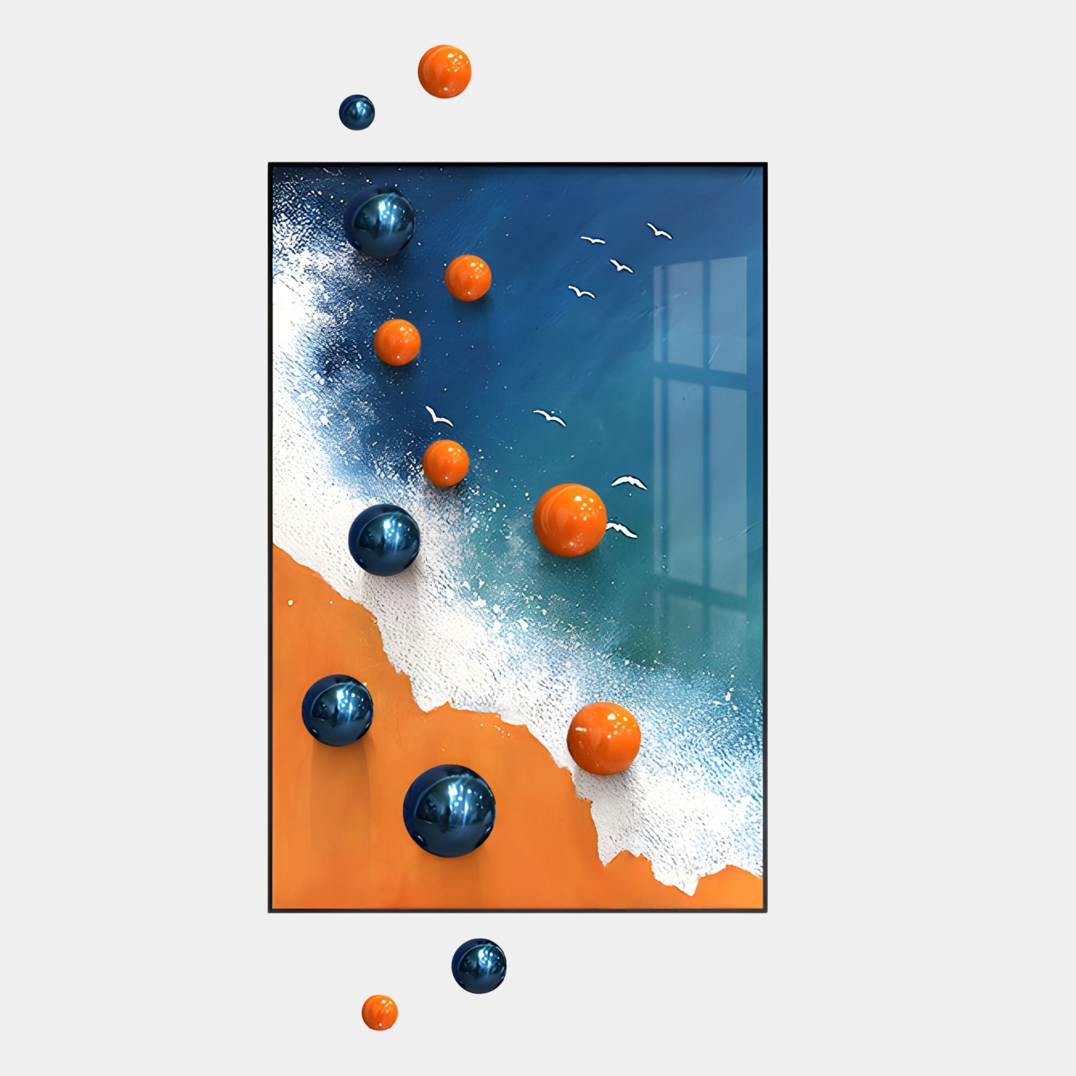 The Tideborne Blue & Orange Coastal 3D Wall Art With Metal Balls by Giant Sculptures features raised blue and orange spheres over a beach scene with white waves, blue water, orange sand, and white birds. Some metal balls extend outside the frame for added dimension.