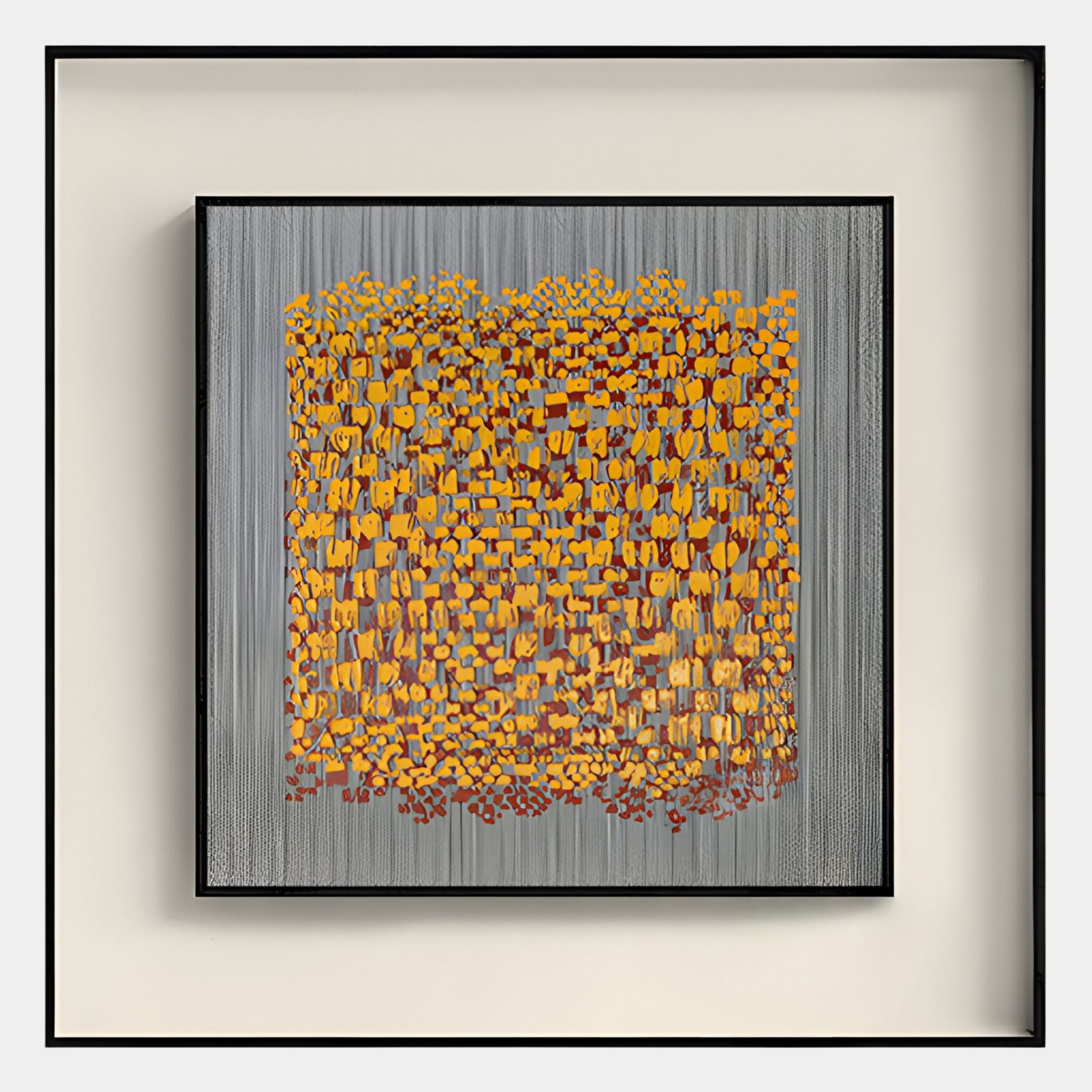 The Giant Sculptures Tracera Slate & Ochre Mosaic Abstract Textured Framed Wall Art features vibrant yellow and orange shapes on a textured gray background, elegantly centered within a large white matte frame.