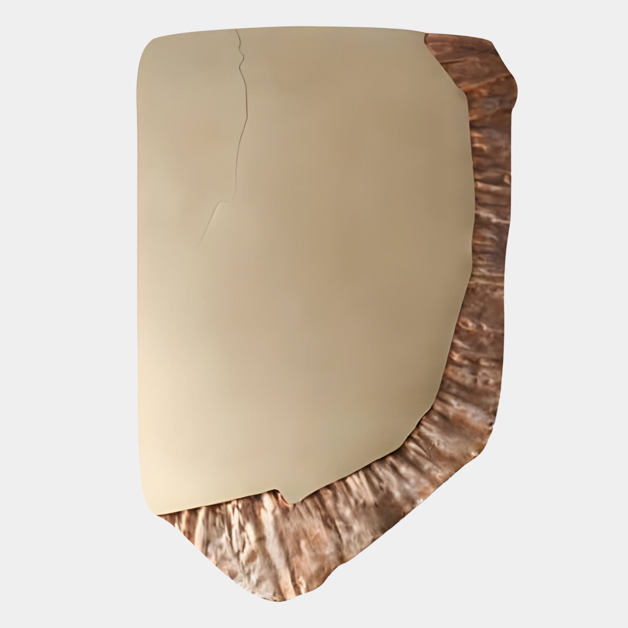 The Gildrift Gold Steel & Copper Ridge Textured 3D Wall Art by Giant Sculptures features a rectangular beige surface with visible cracks and a brown, wood-like textured edge, radiating warmth against a plain white background.