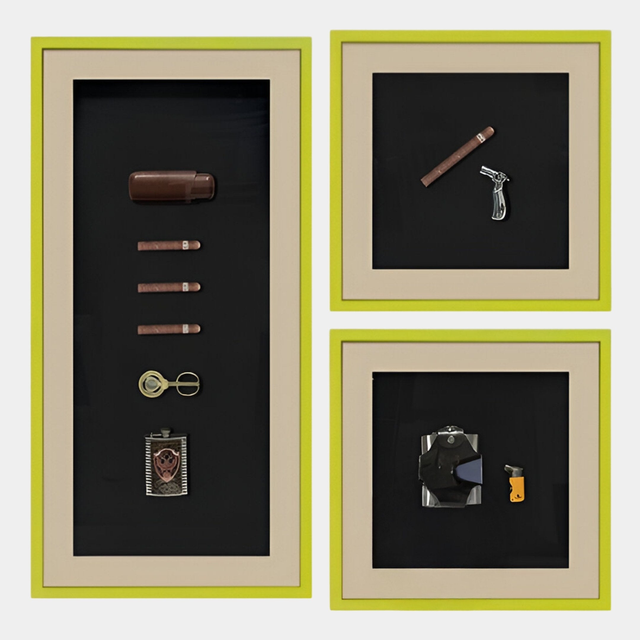 The Tabacora 3-Set Vintage Cigar & Flask Framed 3D Wall Art by Giant Sculptures features cigar-themed items in beige-matted frames with yellow-green borders, creating a striking vintage accent for any room.