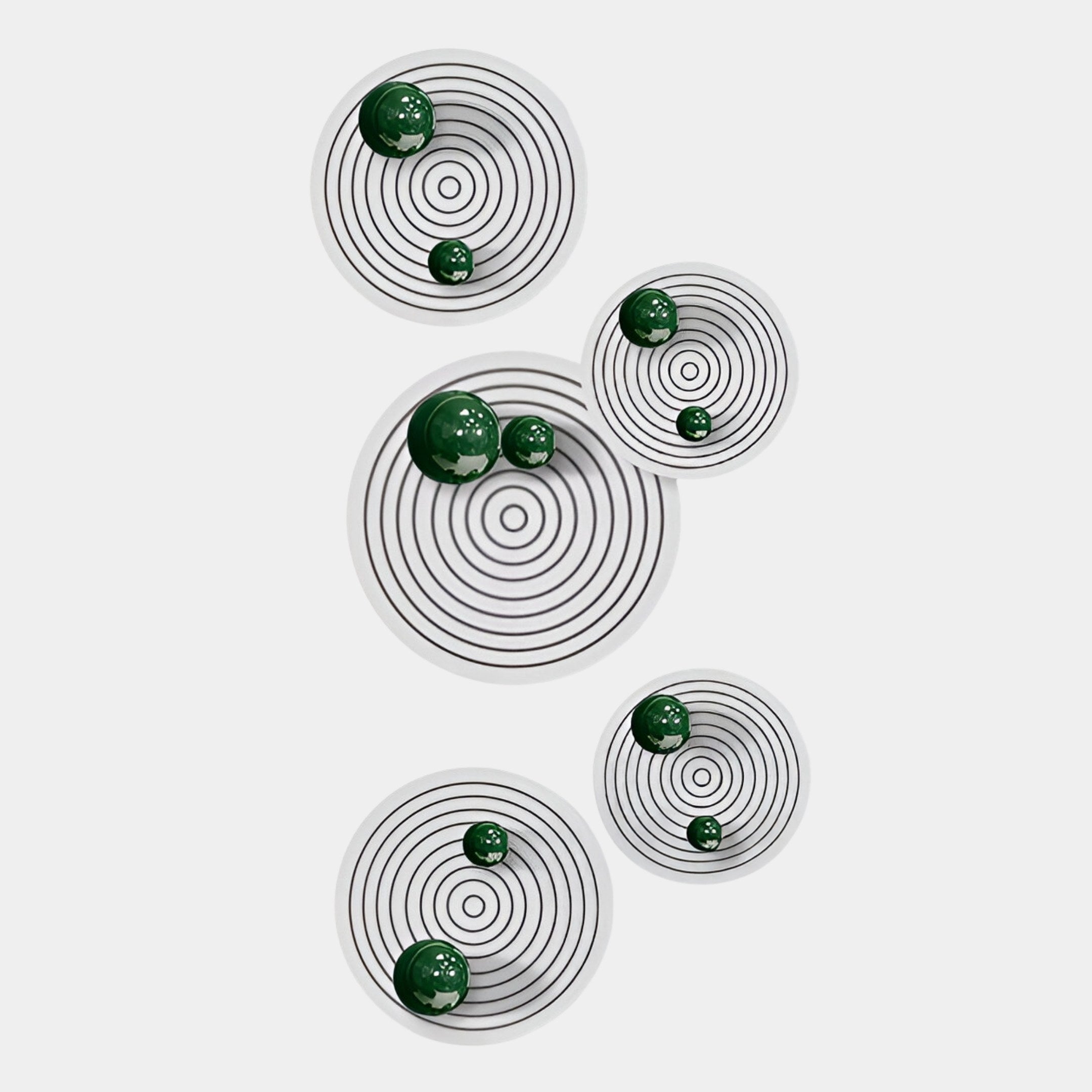 Orbiora Green Orb 5-Panel Concentric Sphere 3D Wall Art by Giant Sculptures features five white circular panels with black rings and glossy green orbs, creating a modern vertical wall sculpture for contemporary interiors.