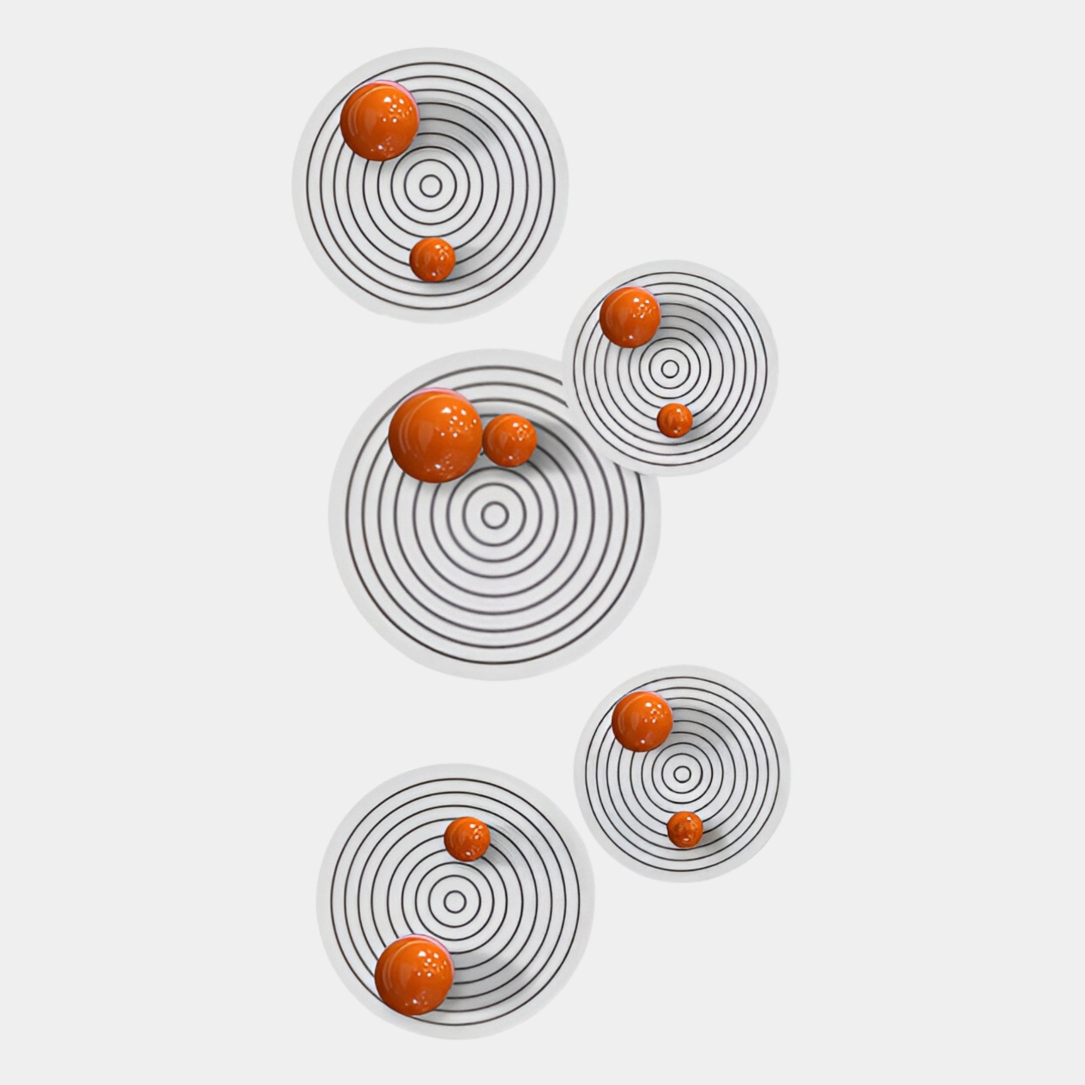 The Orbiora Orange Orb 5-Panel Concentric Sphere 3D Wall Art by Giant Sculptures features five white panels with black concentric circles and orange spheres, creating a bold geometric accent for modern interiors.