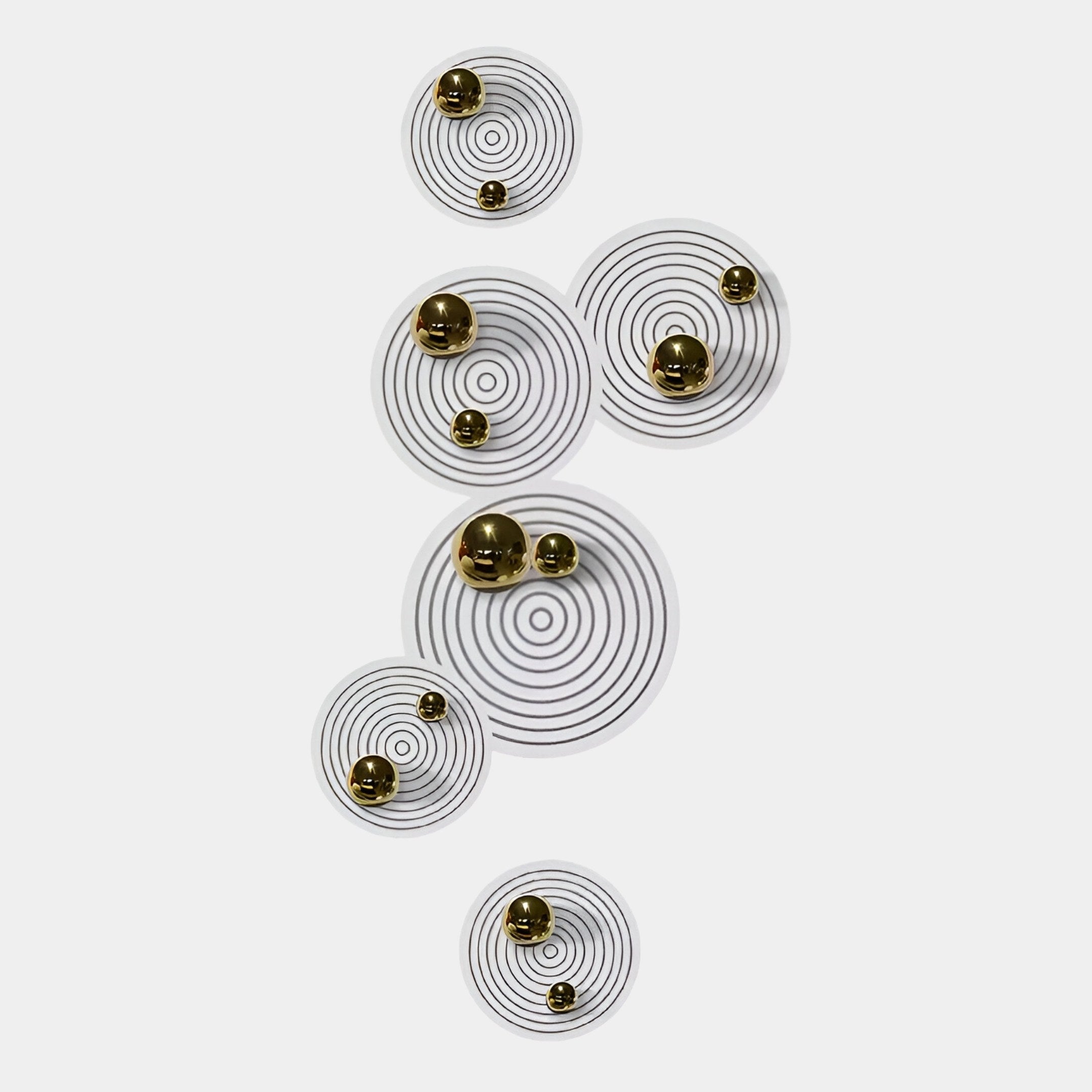 Six circular white panels with black concentric rings and shiny gold spheres form the Orbiora Gold Orb 6-Panel II Concentric Sphere 3D Wall Art by Giant Sculptures, adding modern abstract style to any white wall.