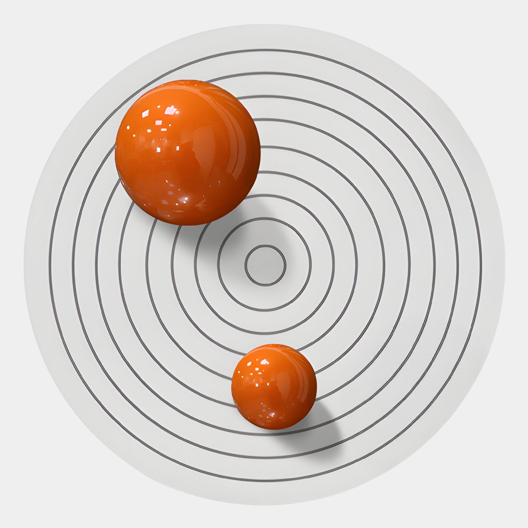 The Orbiora I Orange Duo Concentric Sphere 3D Wall Art by Giant Sculptures features glossy orange spheres on a white circular surface with black concentric circles, evoking an abstract solar system or atomic model.