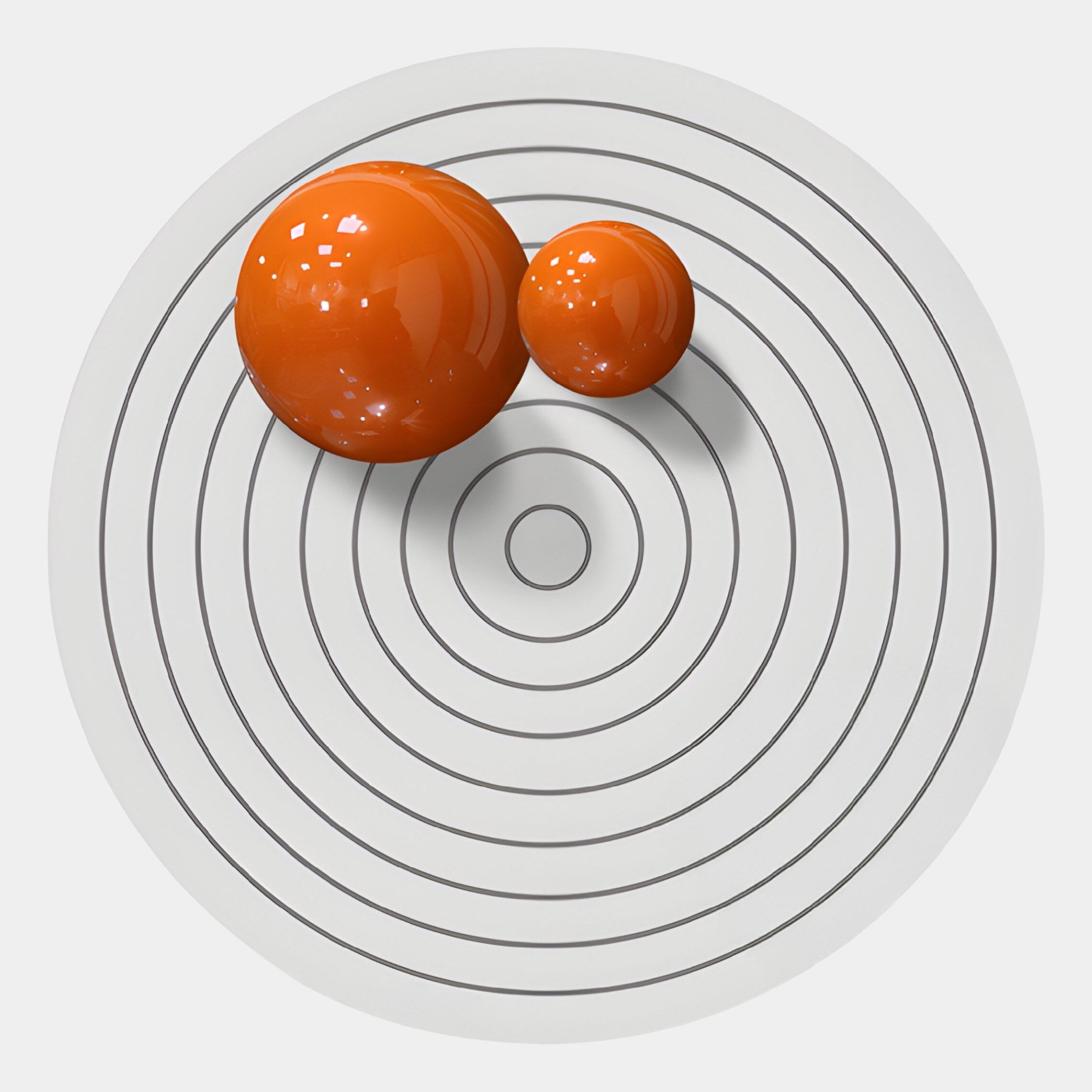 The Orbiora II Orange Duo Concentric Sphere 3D Wall Art by Giant Sculptures features two vibrant orange spheres in varied sizes on black concentric circles, offering modern, geometric decor that's perfect as striking wall art.