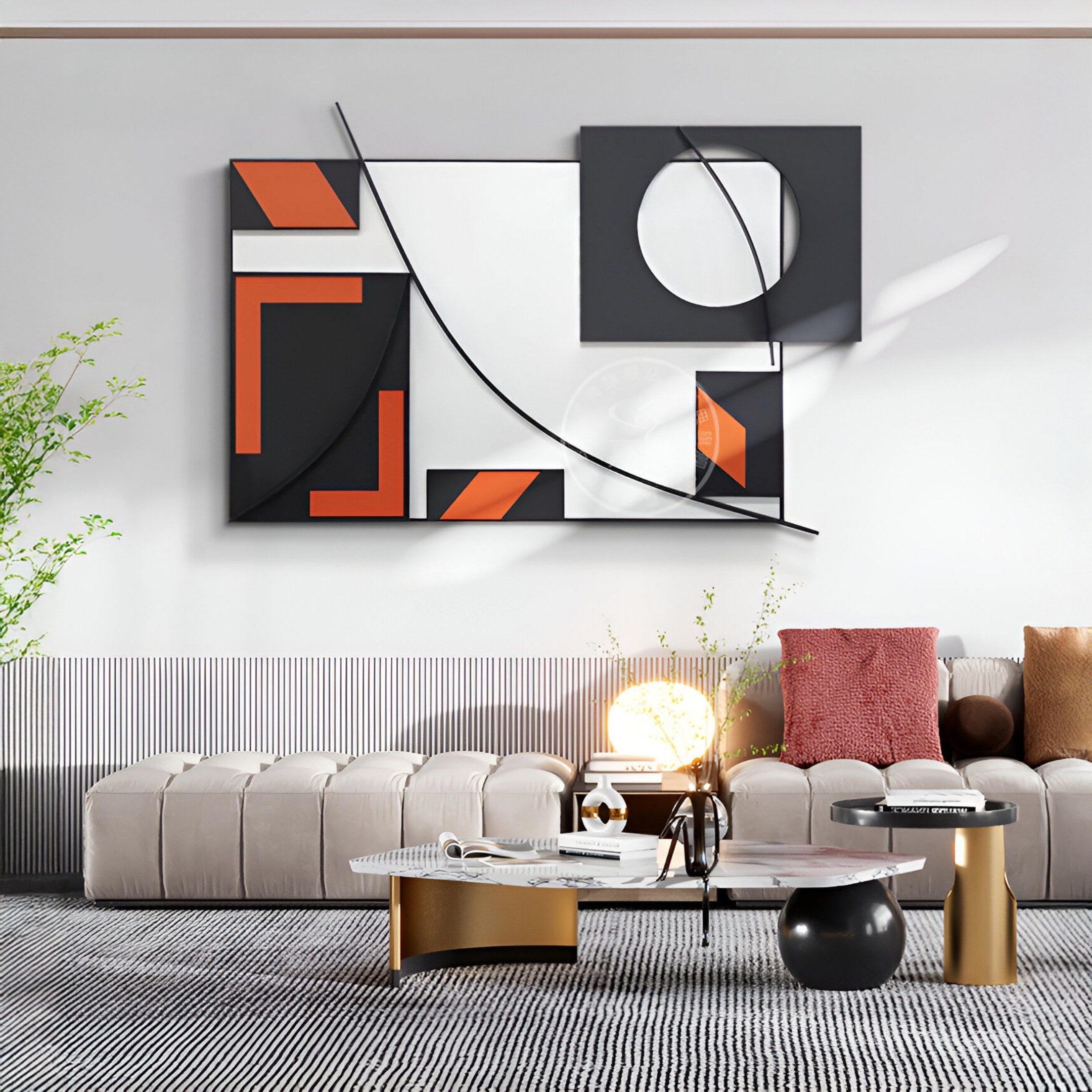 A modern living room with a beige sofa, red and gray cushions, a sleek coffee table, and the Struktura Red & Black Geometric Curve 3D Wall Art by Giant Sculptures as stylish modern decor above.