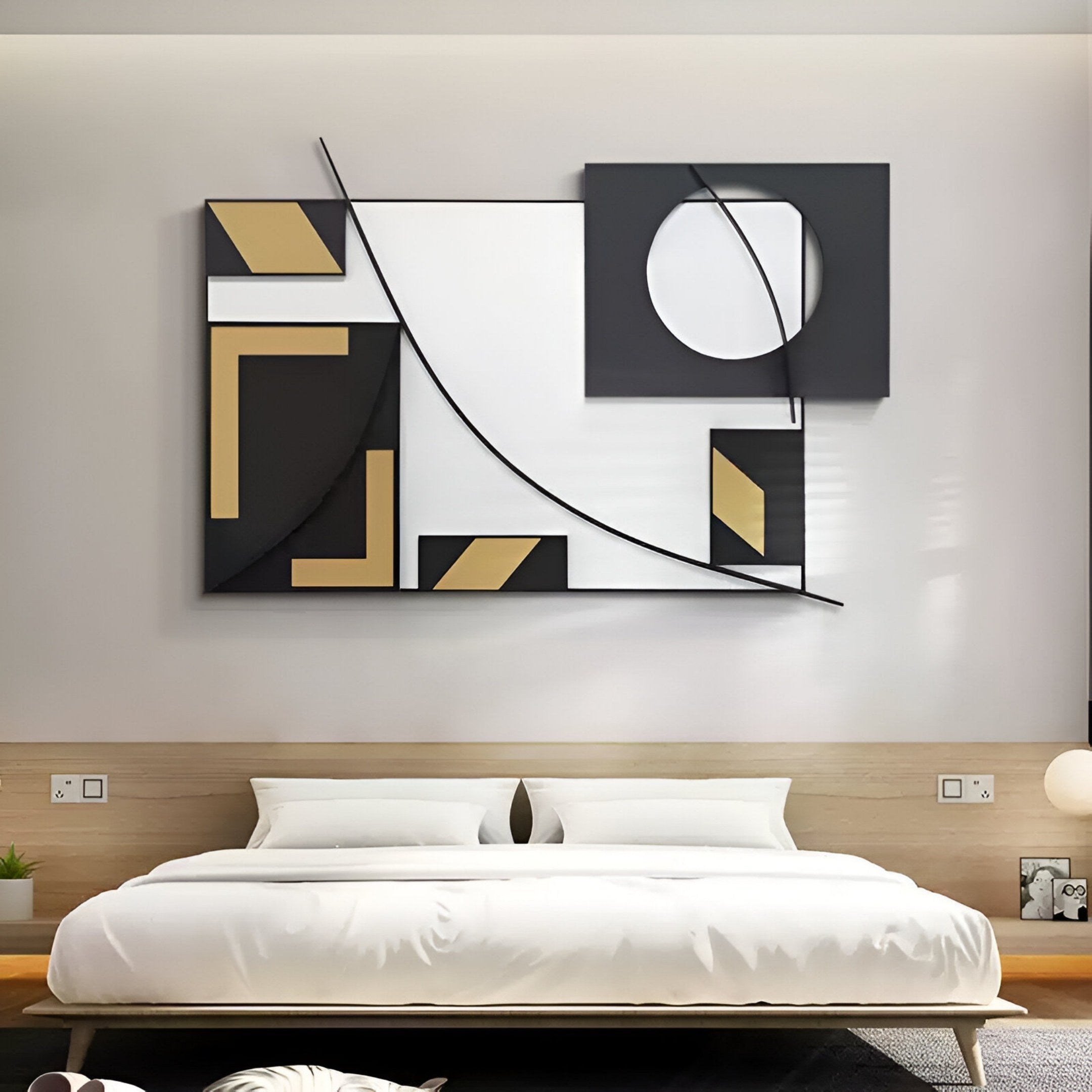 A modern bedroom features the Struktura Gold & Black Geometric Curve 3D Wall Art by Giant Sculptures, showcasing bold shapes and curved lines for a sophisticated, minimal, and contemporary interior decor.