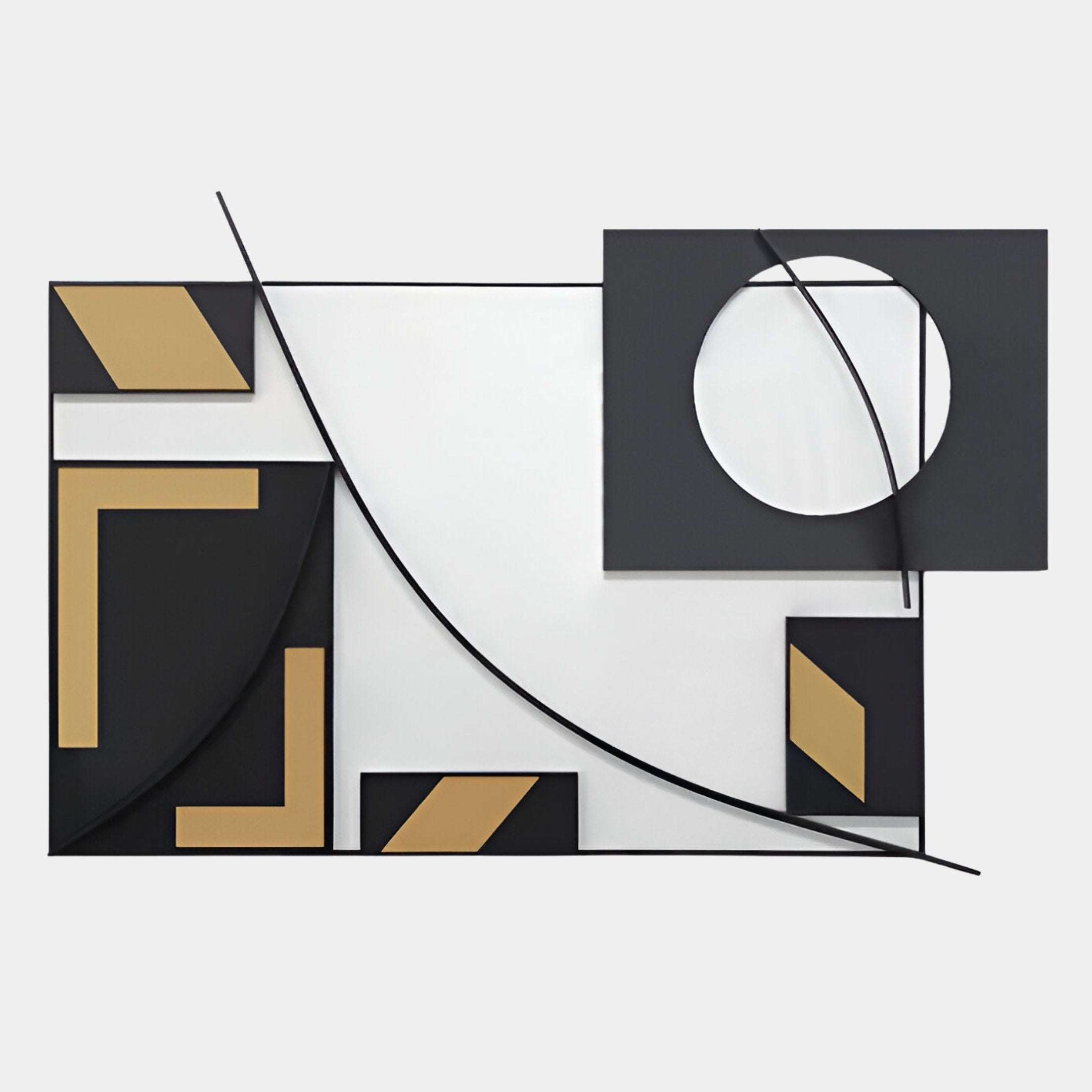 The Struktura Gold & Black Geometric Curve 3D Wall Art by Giant Sculptures features abstract black, white, and gold shapes with rectangles, squares, a circle, and curved lines for a modern minimalist touch to any decor.