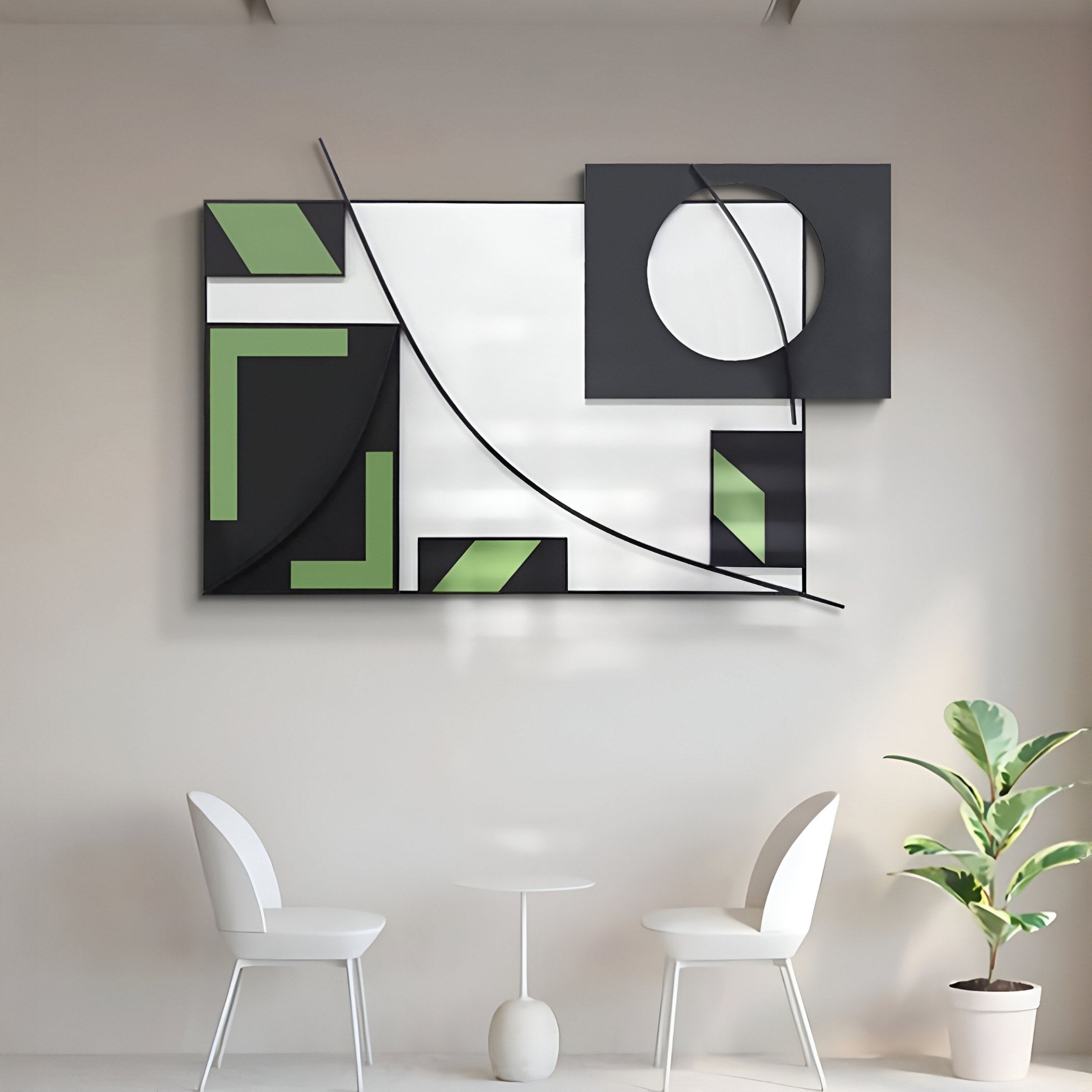 A modern minimalist room with two white chairs, a small round table, a potted plant, and Struktura Green & Black Geometric Curve 3D Wall Art by Giant Sculptures as bold contemporary wall decor featuring dynamic black, green, and white intersecting shapes.