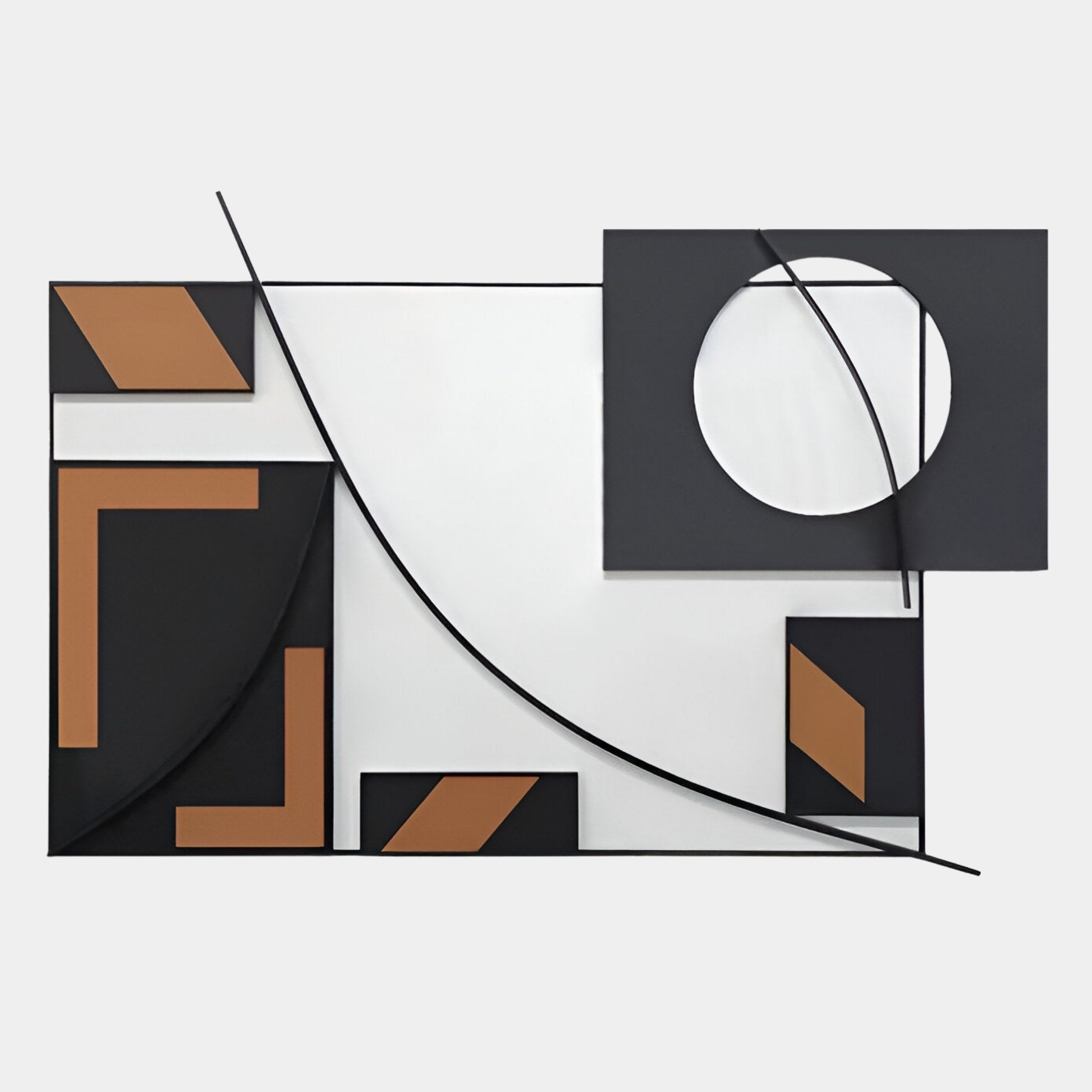 The Struktura Bronze & Black Geometric Curve 3D Wall Art by Giant Sculptures features intersecting black curves and straight lines on a light background, with bold shapes adding a modern abstract touch to any space.