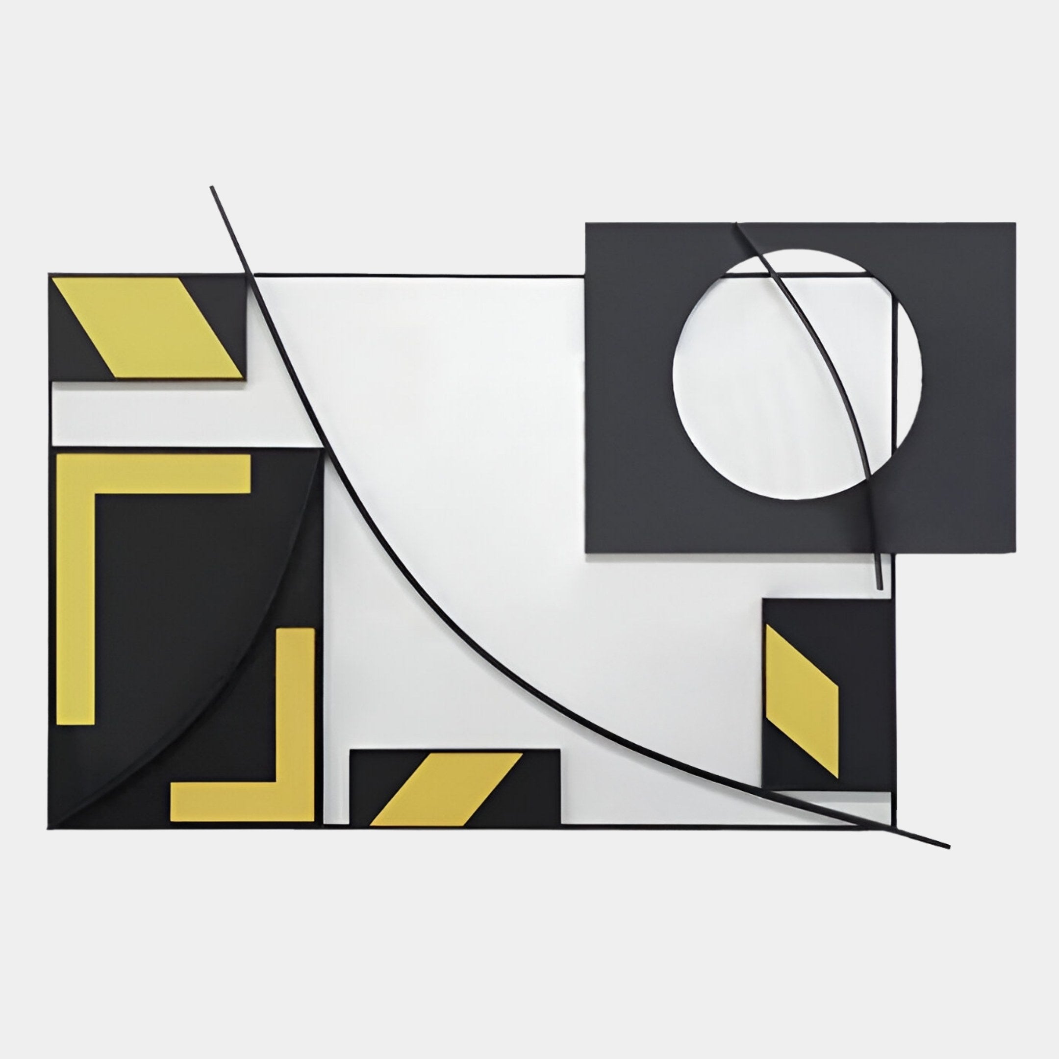 Giant Sculptures’ Struktura Yellow & Black Geometric Curve 3D Wall Art features bold rectangles, a circle, and lines in black, white, and yellow on a white background—perfect for modern minimalist interiors.